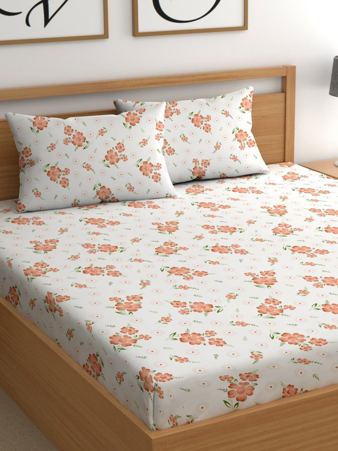CHHAVI INDIA Orange Colored Floral Printed Microfiber 210TC Queen Bedsheet Set 2.5 x 2.25m