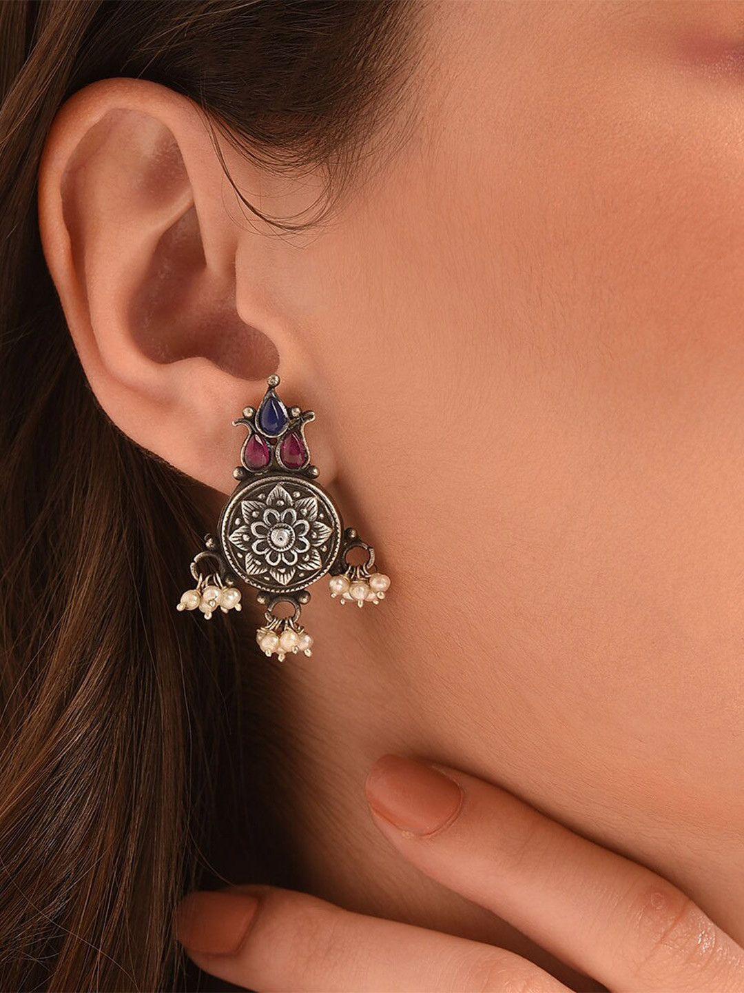 JAYPORE Pure Silver Oxidised Contemporary Drop Earrings