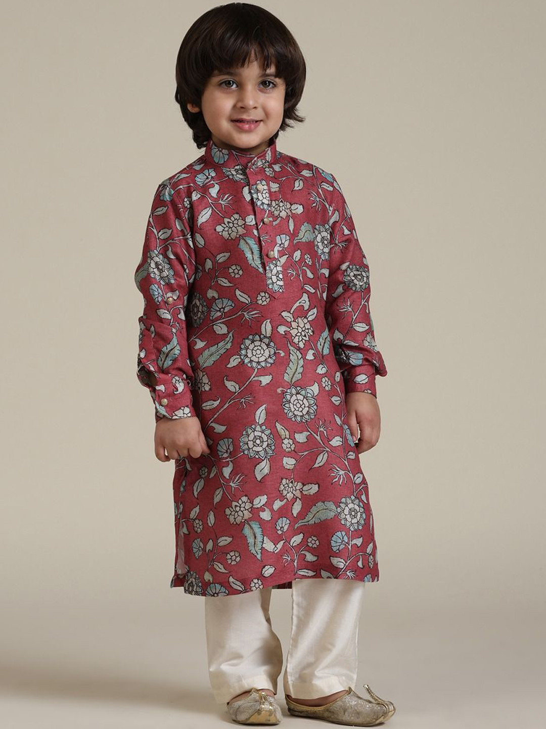 Manyavar Boys Floral Printed Band Collar Straight Kurta with Trouser
