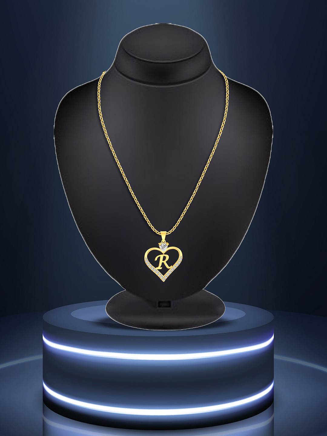 Lila Gold-Plated CZ Studded Alphabet 'R' Heart Shaped Stainless Steel Pendant & Chain