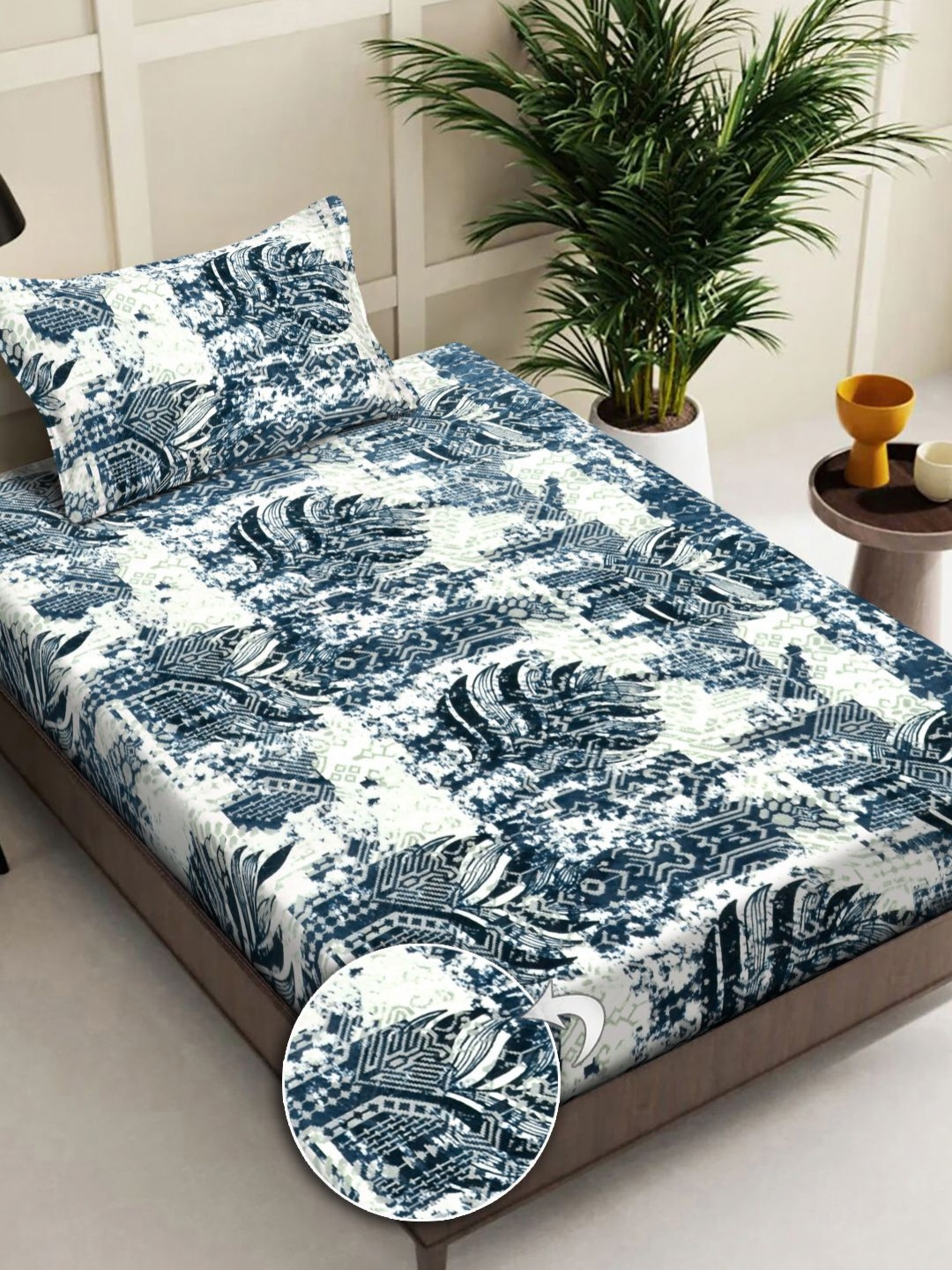 FABINALIV Blue & White 300 TC Single Bedsheet with 1 Pillow Covers 2.20  x 1.50 Mts