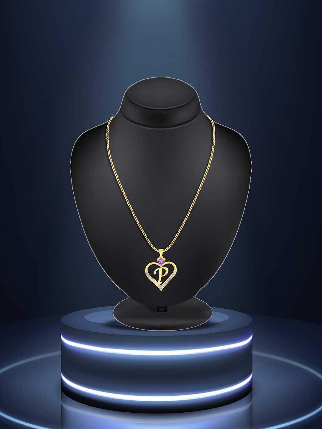 Lila Gold-Plated CZ Studded Alphabet 'P' Heart Shaped Stainless Steel Pendant & Chain