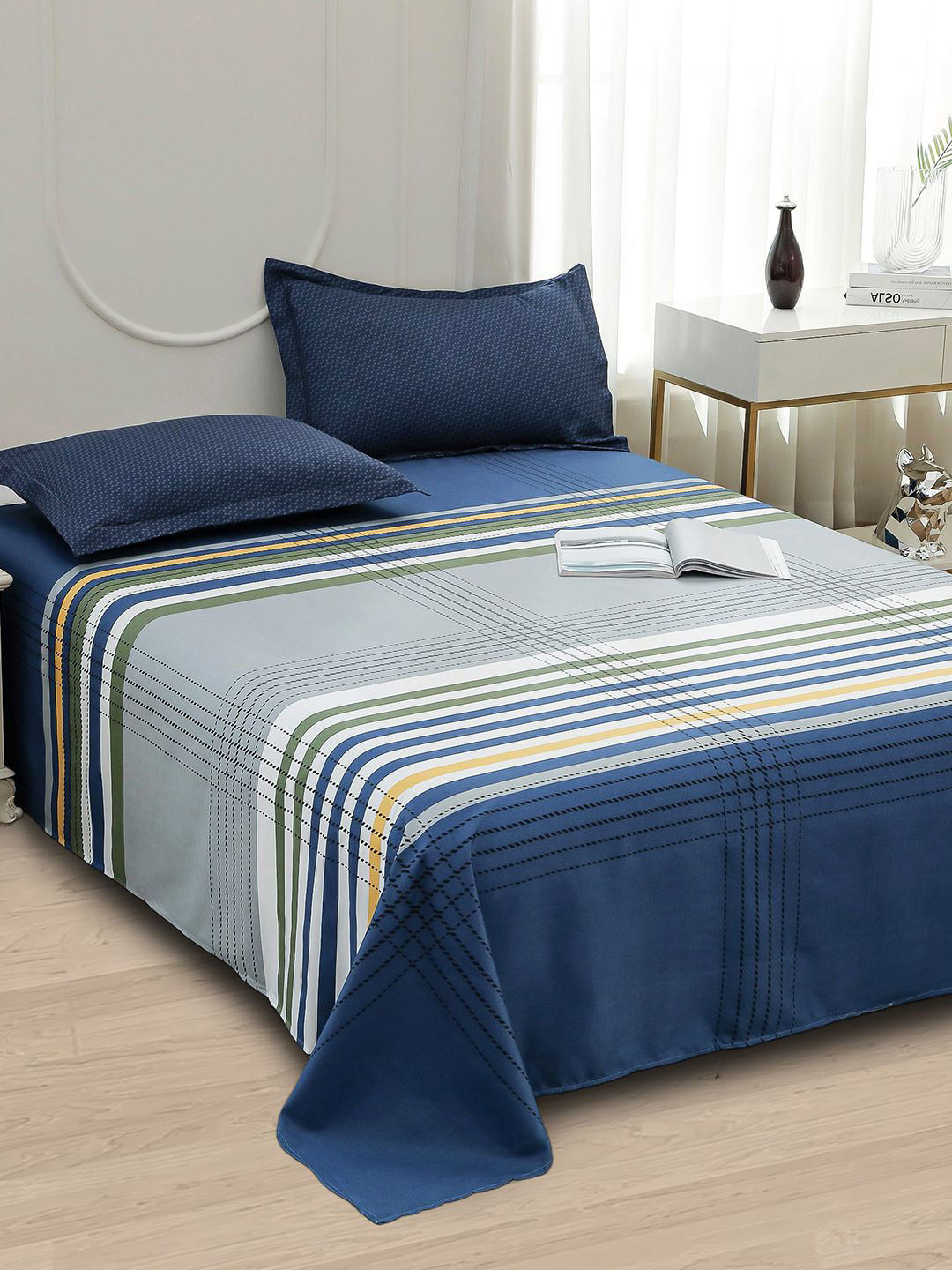 Story@home Blue Striped Microfiber 240 TC Queen Fine Bedsheet with 2 Pillow Covers-93 x 98 inches