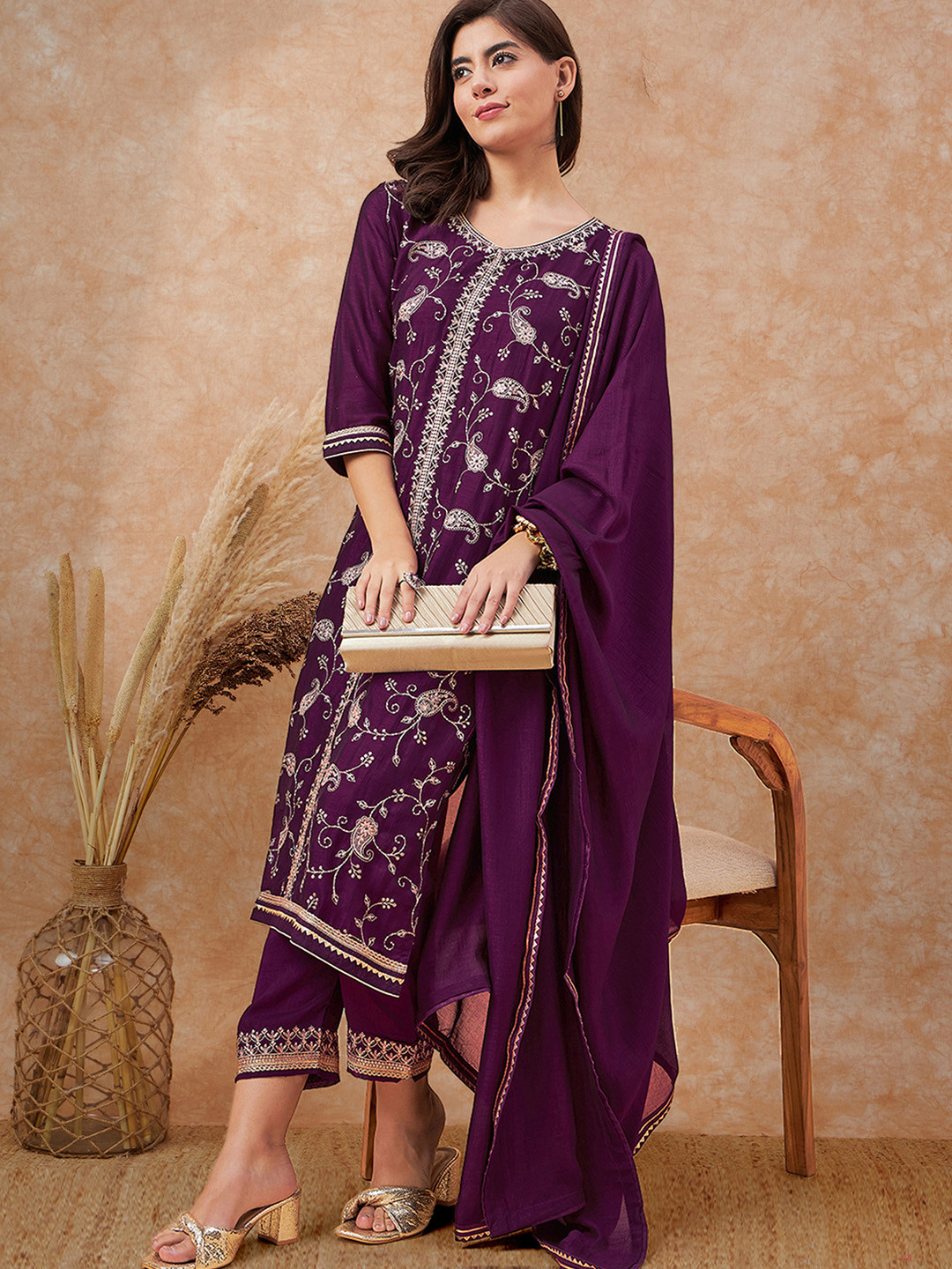 Sangria Purple Paisley Embroidered Zari & Sequinned Straight Kurta With Trousers & Dupatta
