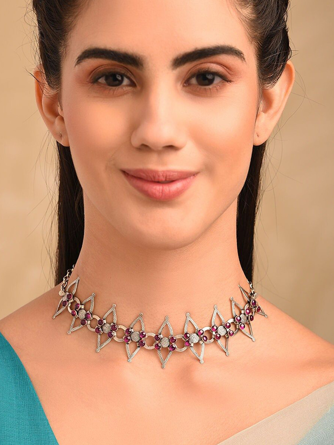 JAYPORE Silver Stone Studded Necklace