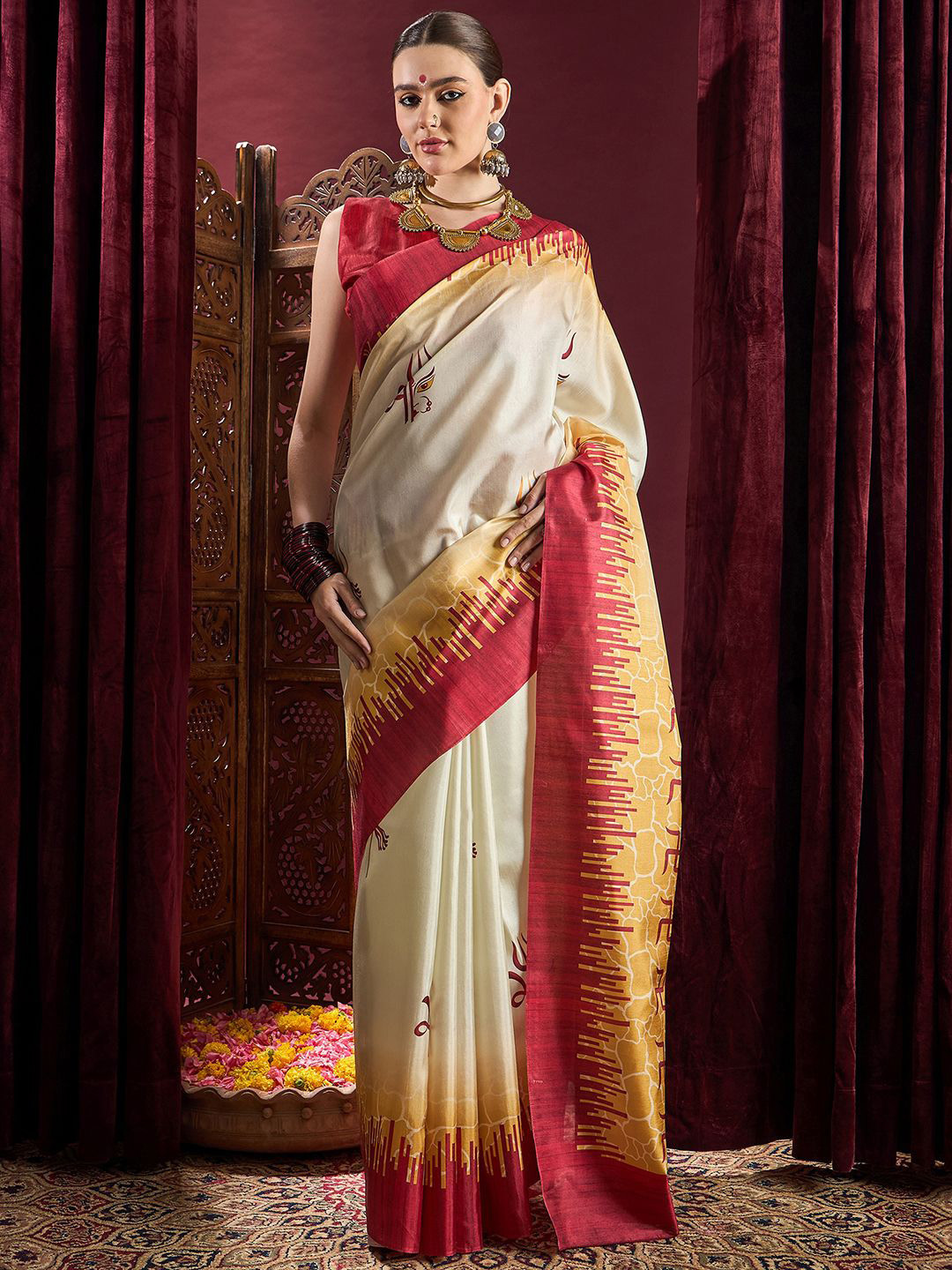 Saree mall Durga Puja Ethnic Motifs Silk Blend Garad Sarees
