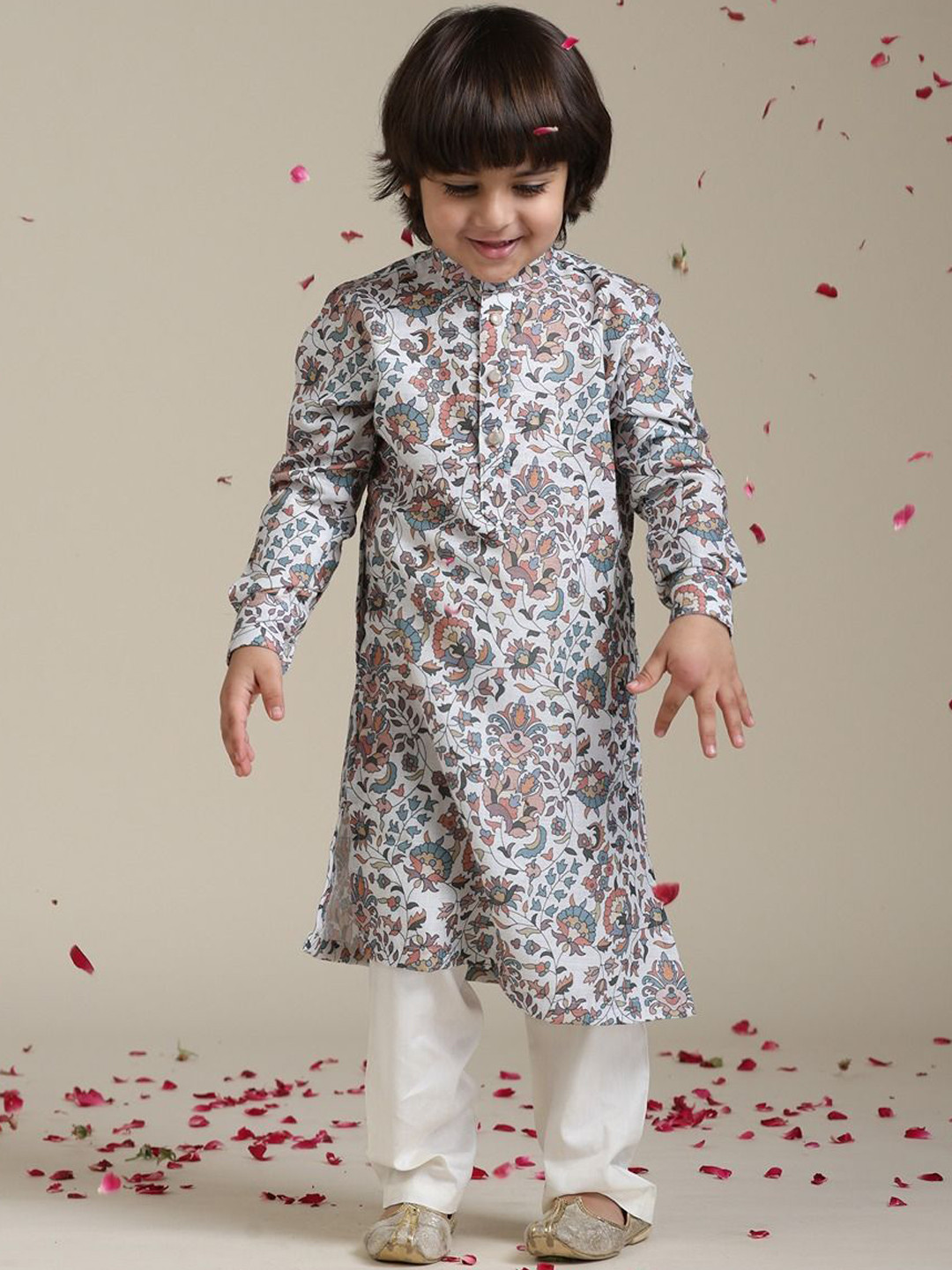 Manyavar Boys Floral Printed Band Collar Straight Kurta with Trouser