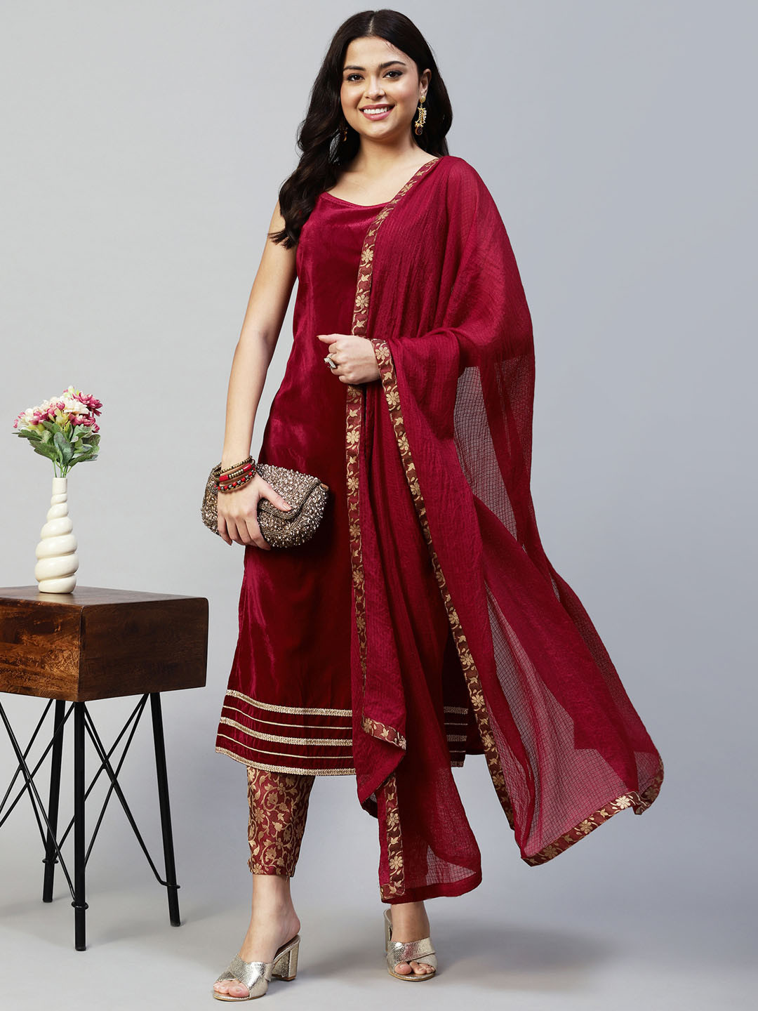 KALINI Ethnic Motifs Embroidered Velvet Straight Kurta With Trousers & Dupatta