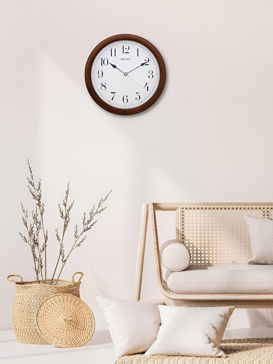 SEIKO Brown & White Round Shaped Contemporary Analogue Wood Wall Clock