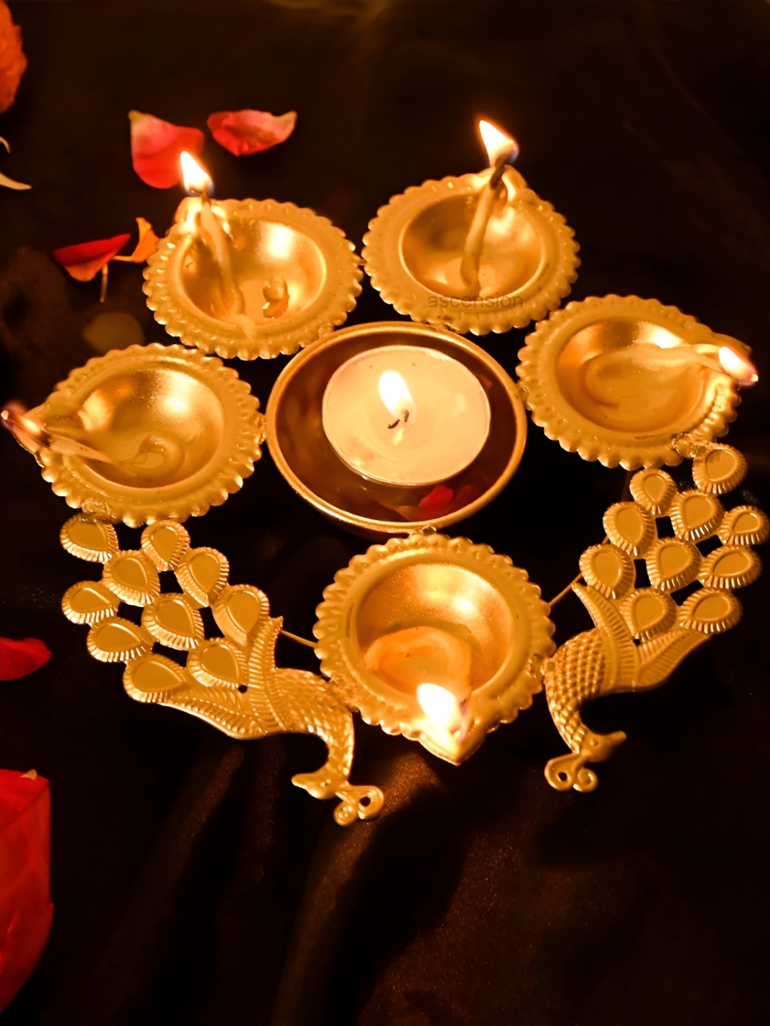 Ascension GoldToned Peacock Diya Decorative Urli Bowl With Attached Oil Diyas