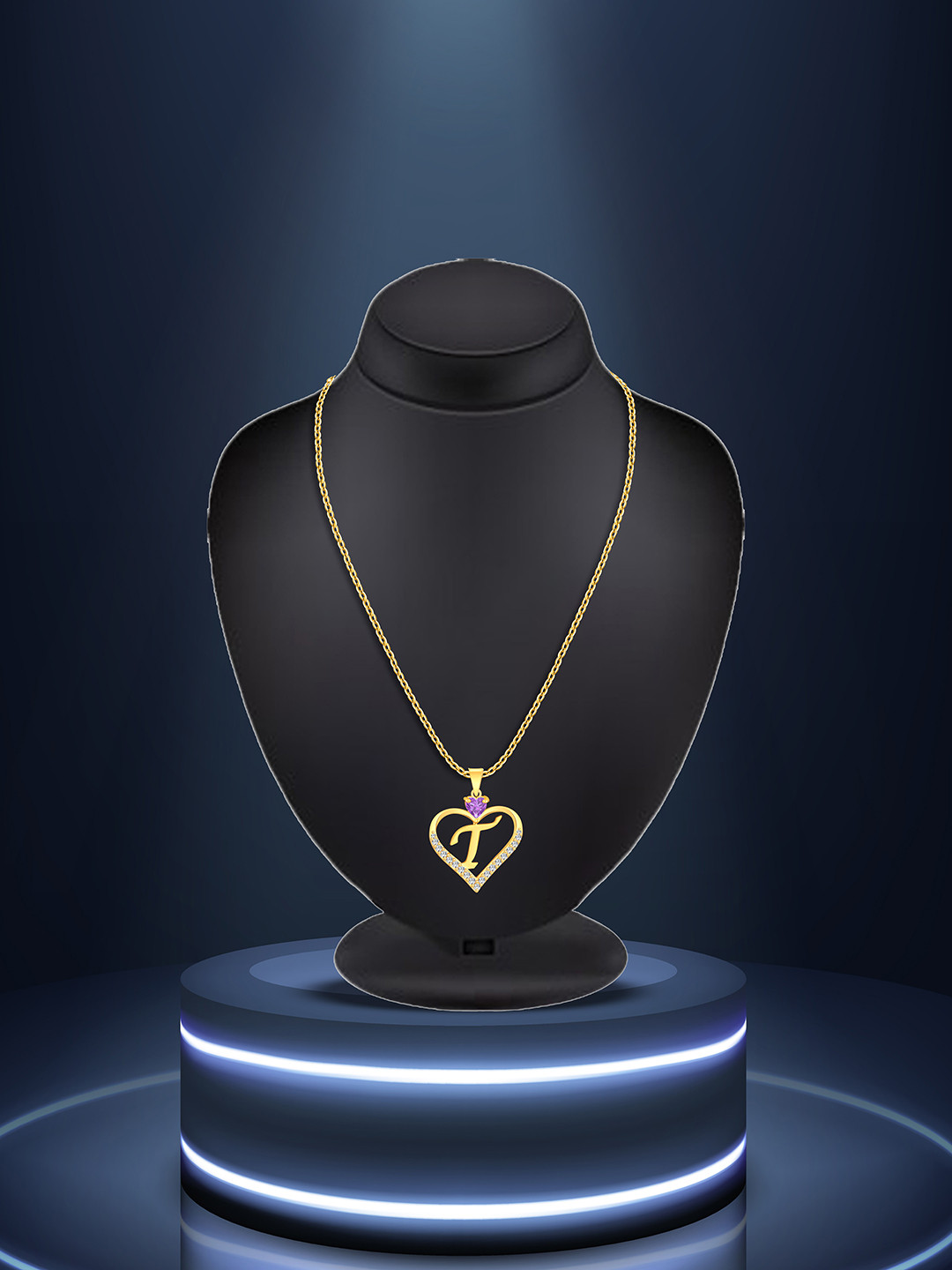 Lila Gold-Plated CZ Studded Alphabet 'T' Heart Shaped Stainless Steel Pendant & Chain