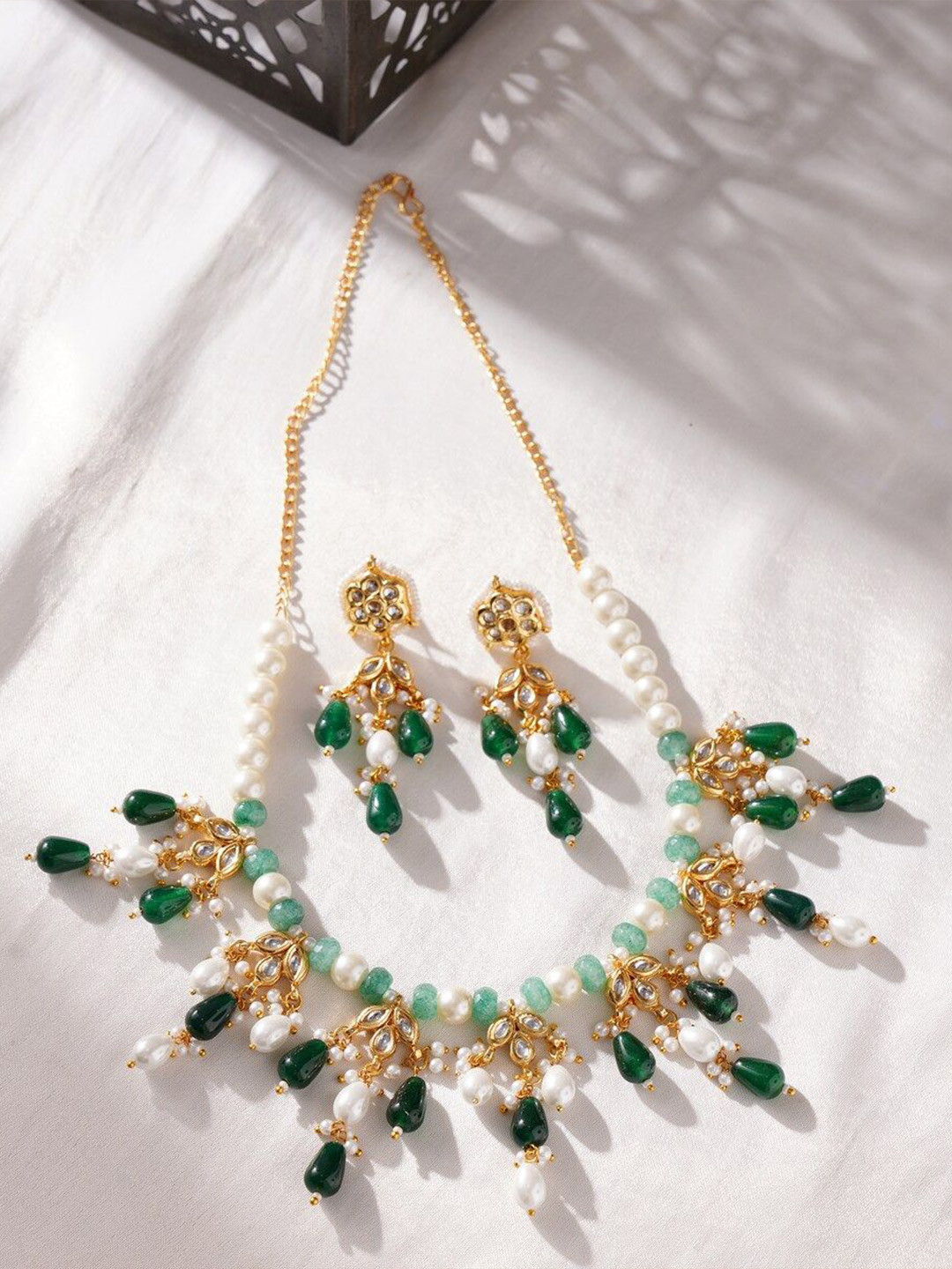 JAYPORE Brass Artificial Stones & Beads Studded Necklace & Earrings