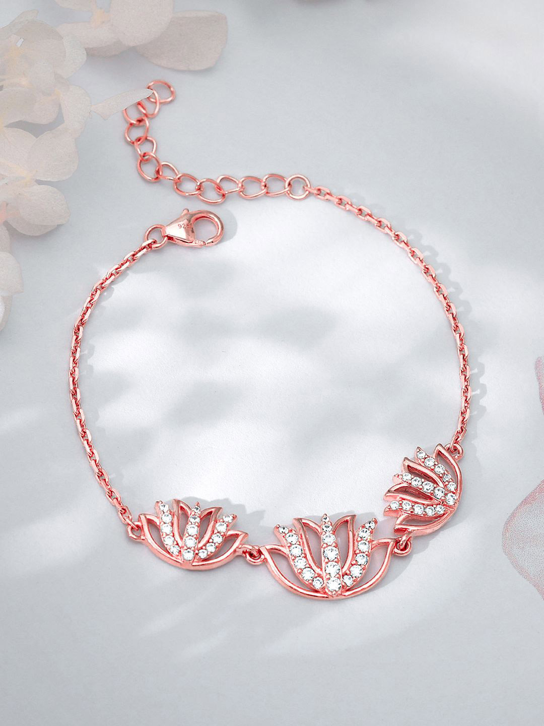 GIVA 925 Sterling Silver Rose Gold-Plated Stone Studded Surya Kamal Wraparound Bracelet