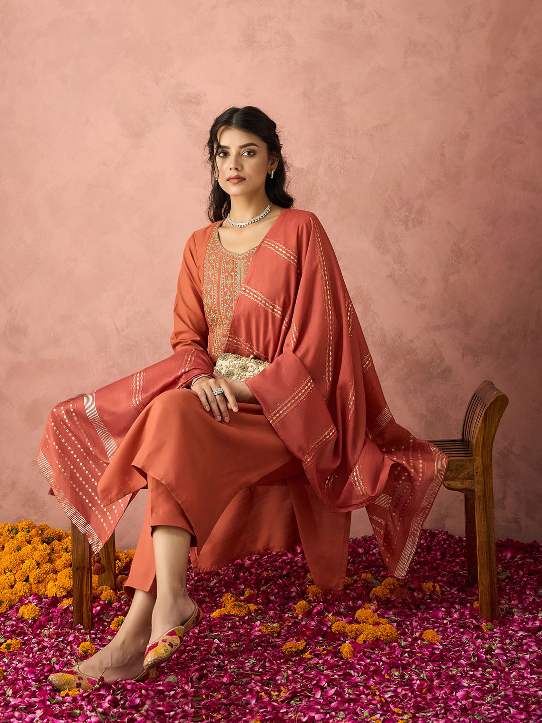 HRITIKA Ethnic Motifs Embroidered Sequin Work Kurta With Trouser With Dupatta