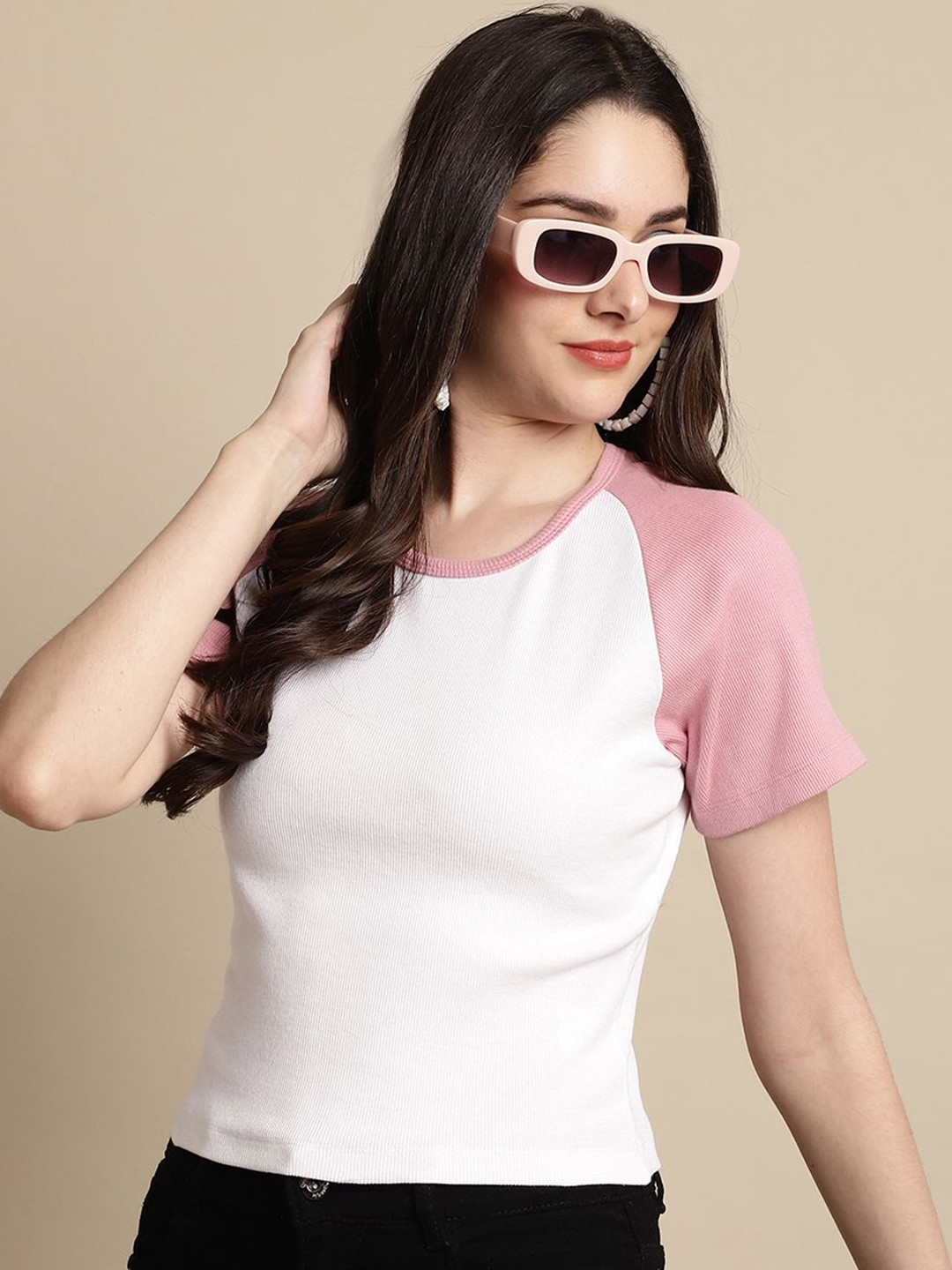 Friskers White and Pink Colourblocked Crop Top