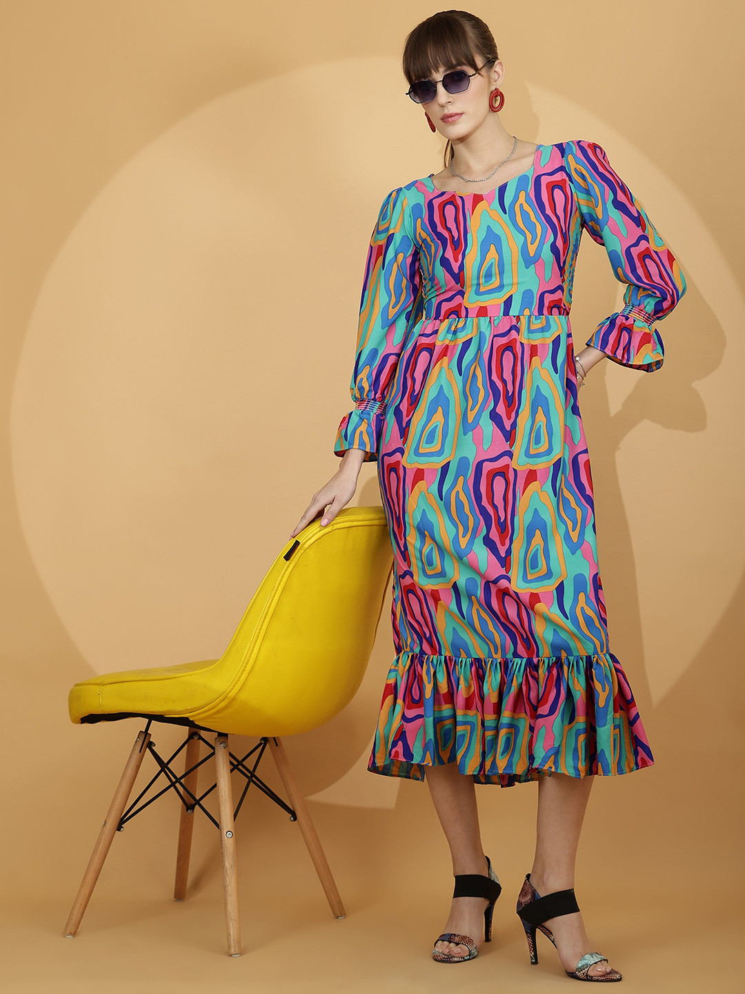 SHEETAL Associates Print Flared Sleeve Fit & Flare Midi Dress