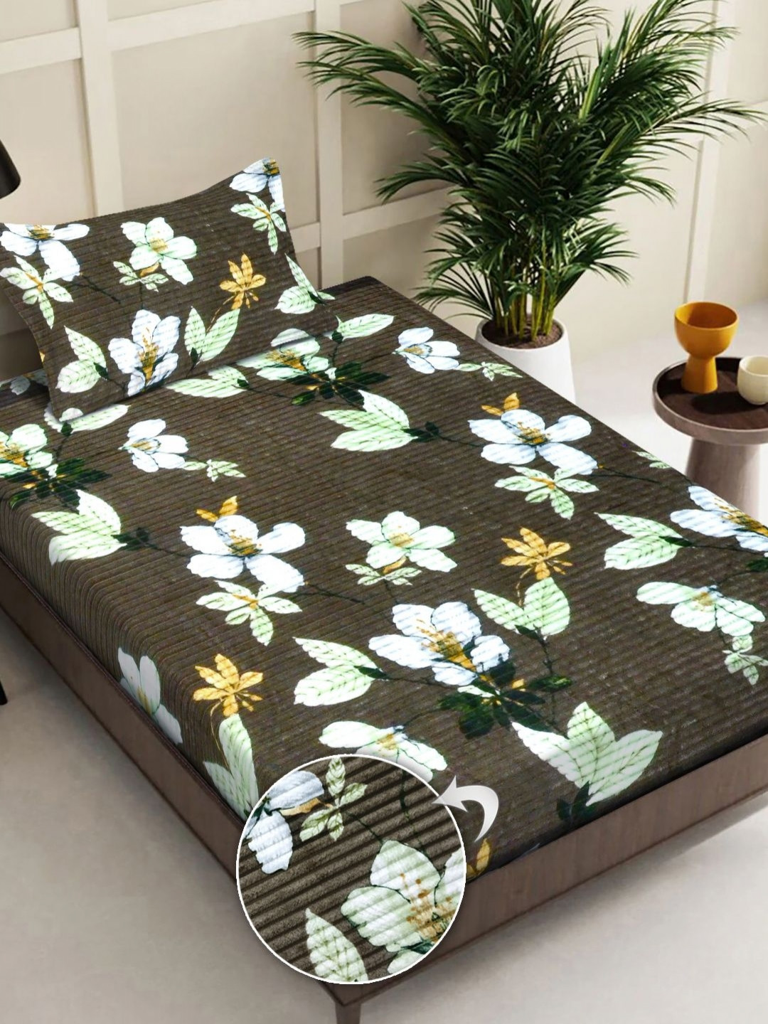 FABINALIV Mouse Taupe Floral Wool Skin-Friendly 300 TC Fitted Single Fine Bedsheet with a Pillow Cover-87 x 59 inches