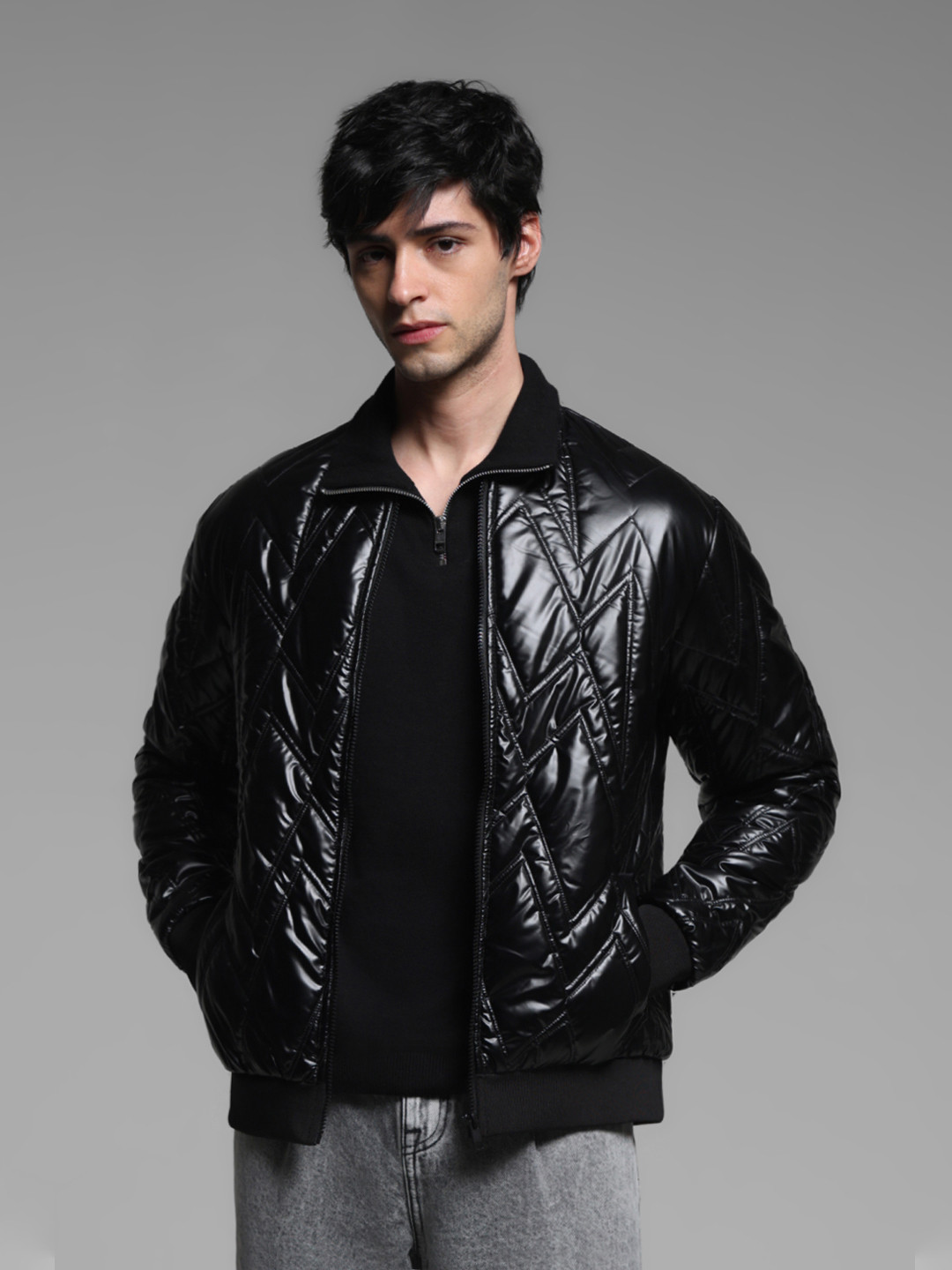 Jack & Jones Men Stand Collar Solid Casual Puffer Jacket