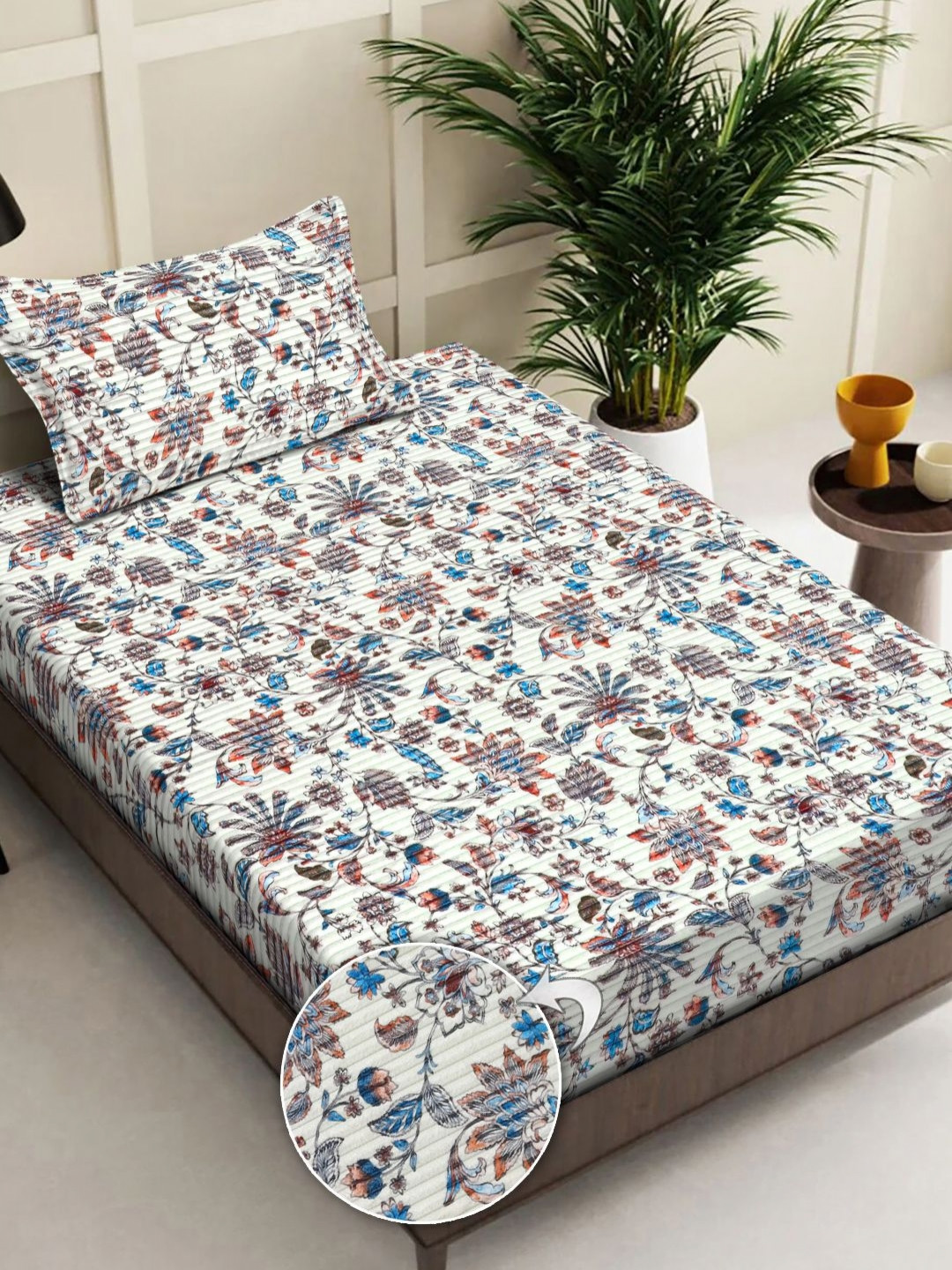 FABINALIV Off White Floral 300 TC Single Bedsheet with 1 Pillow Covers 2.20  x 1.50 Mts