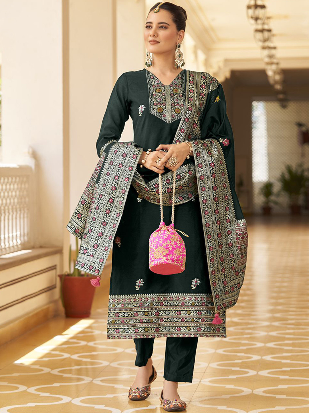 KALINI Floral Woven Design Jacquard Straight Kurta With Trousers & Dupatta