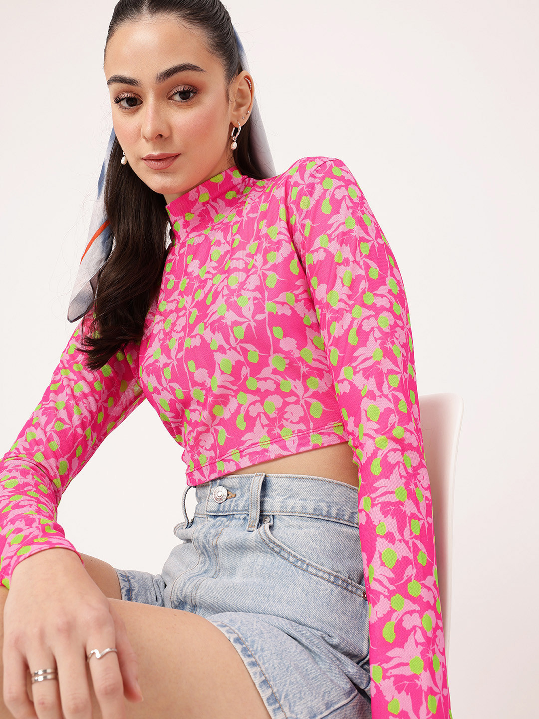 DressBerry Printed Soft Mesh Semi Sheer Fitted Crop Top