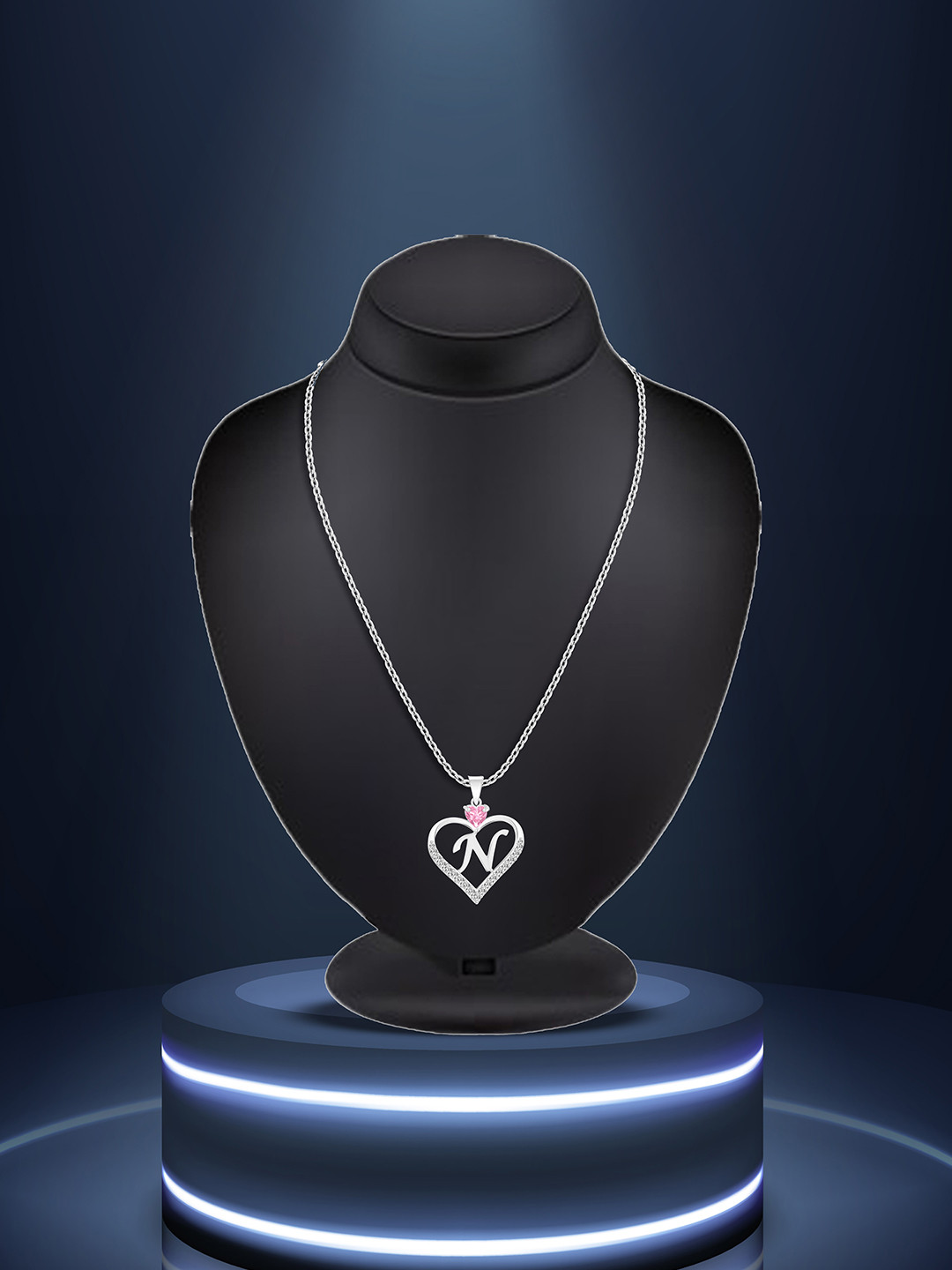 Lila Unisex Stainless Steel Cubic Zirconia Studded Alphabet N Valentine Pendant With Chain