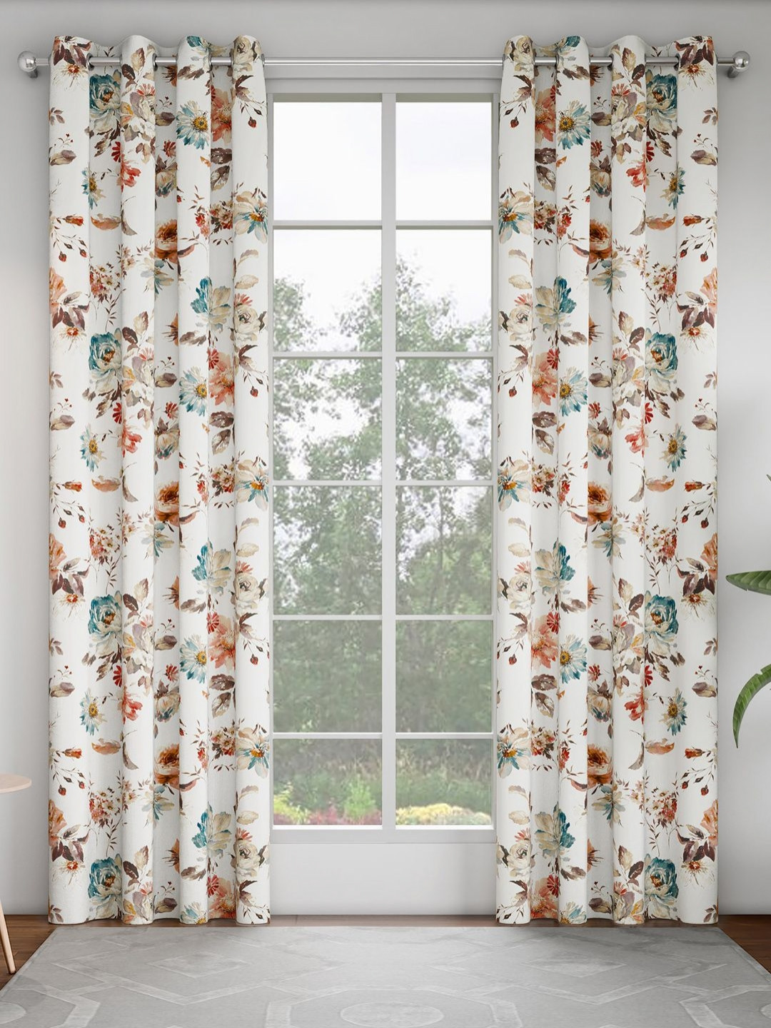 GM White & Coral 2 Pieces Floral Door Curtain