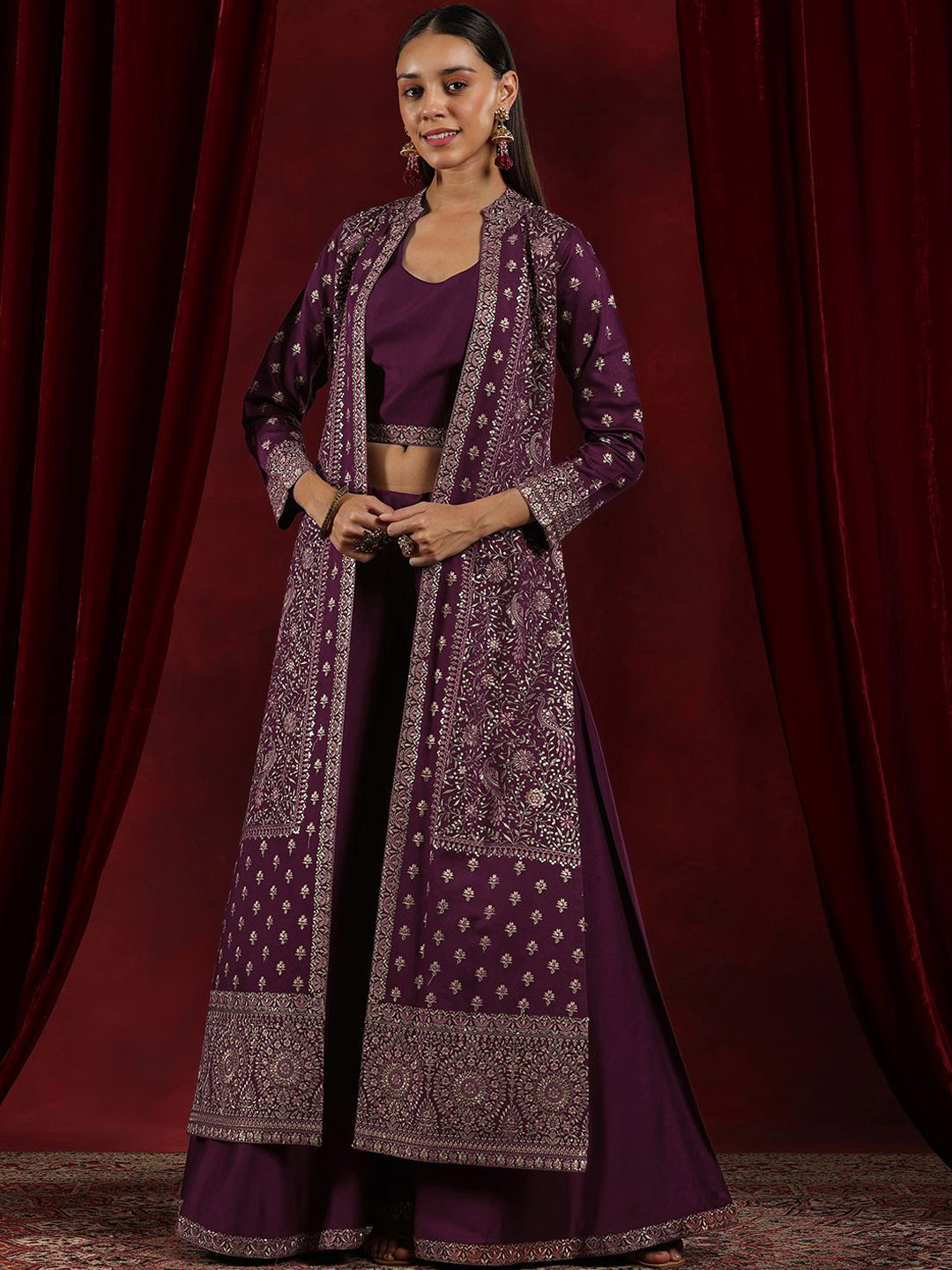 Libas Art Round Neck Sleeveless Top With Palazzo With Shrug