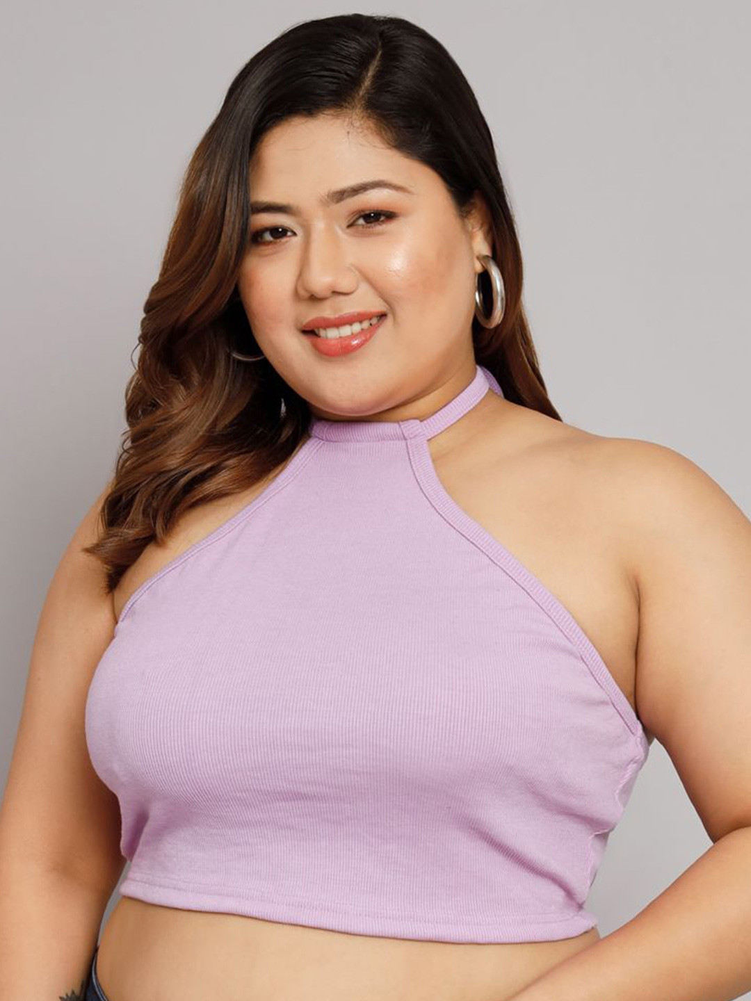 Funday Fashion Women Plus Size Solid Cotton Halter Neck Crop Top