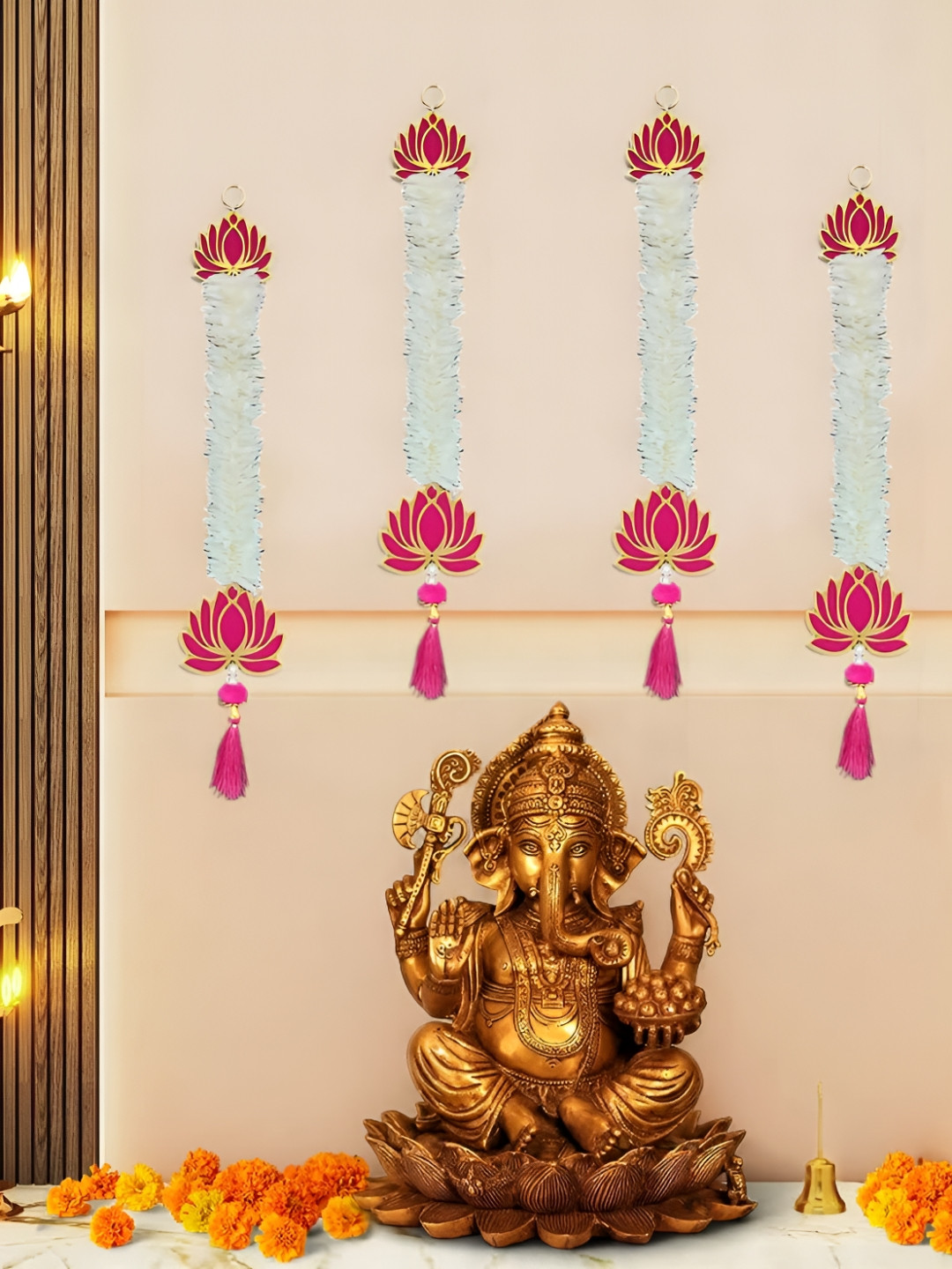 Ascension Pink & White 4 Pieces Lotus Gajra Jhumki Latkan Wall Hanging Festive Decor
