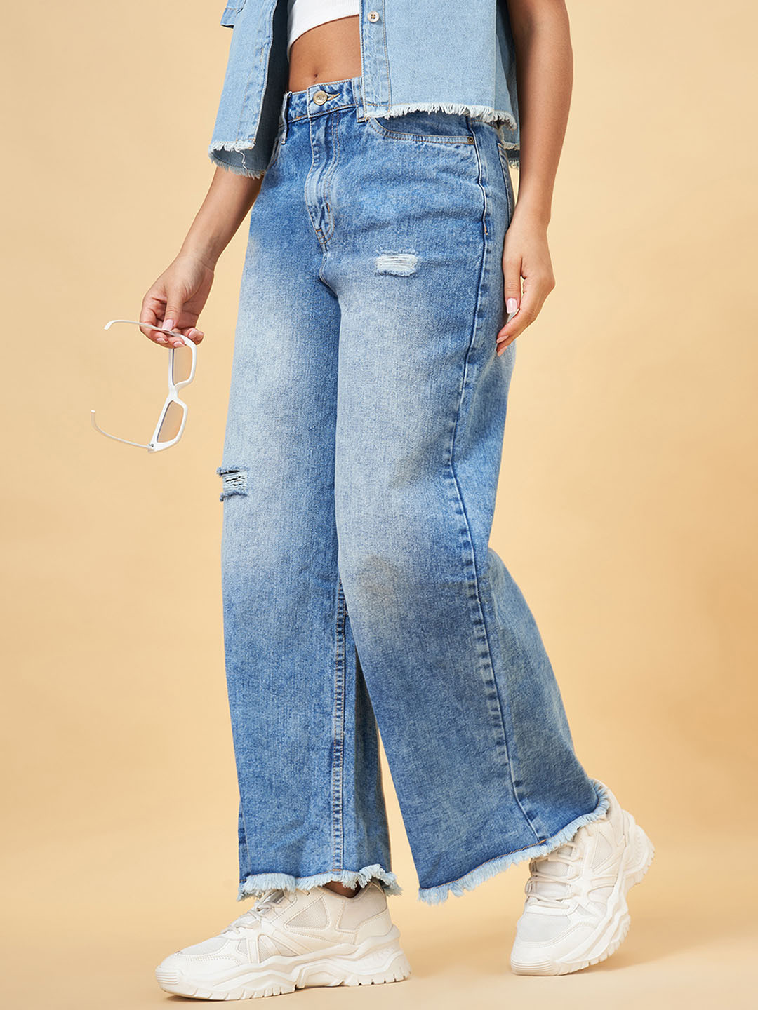 YU by Pantaloons Women Flared Low Distress Heavy Fade Jeans