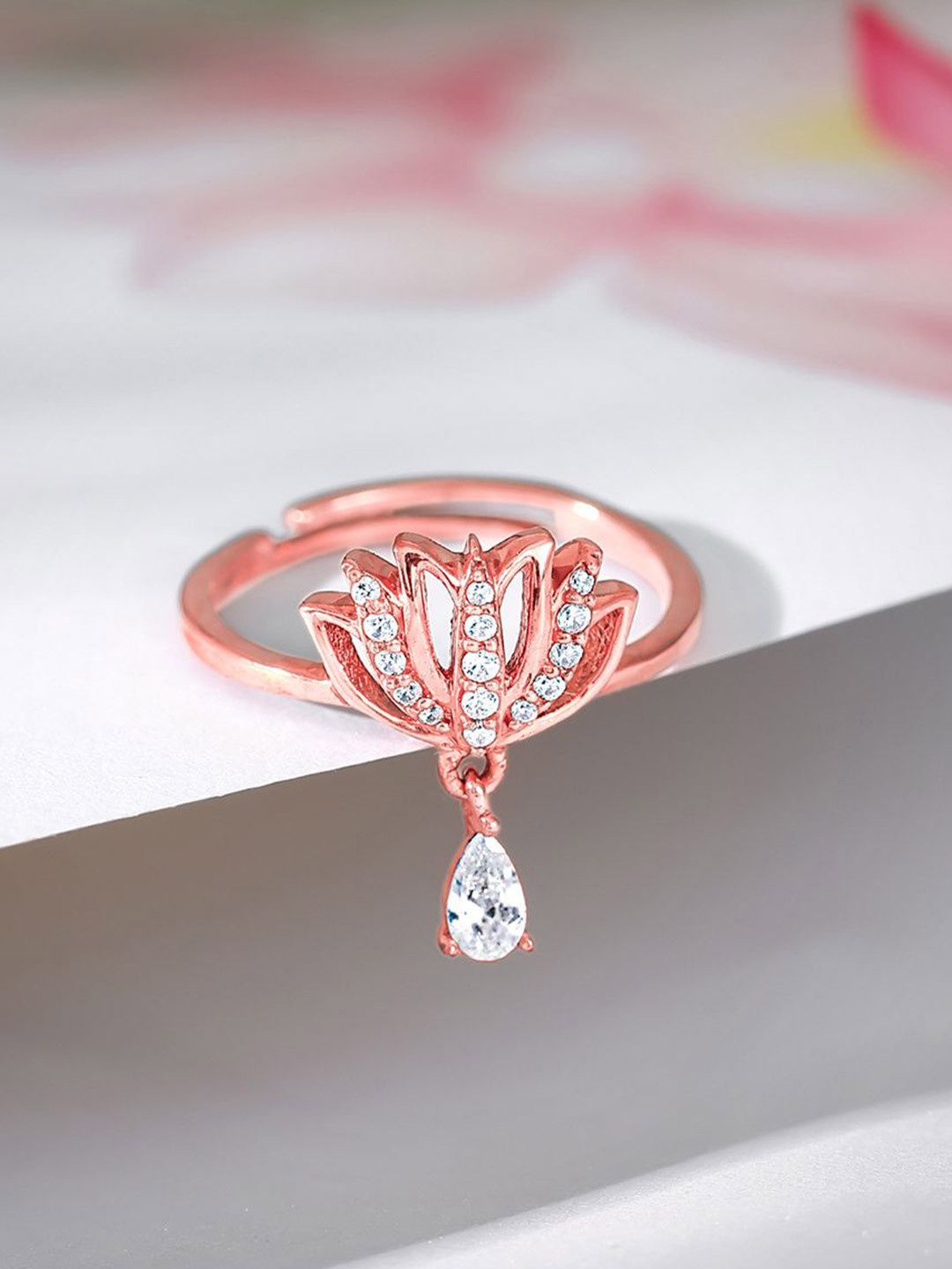 GIVA 925 Sterling Silver Rose Gold-Plated CZ Studded Sushma Thamarai Finger Ring