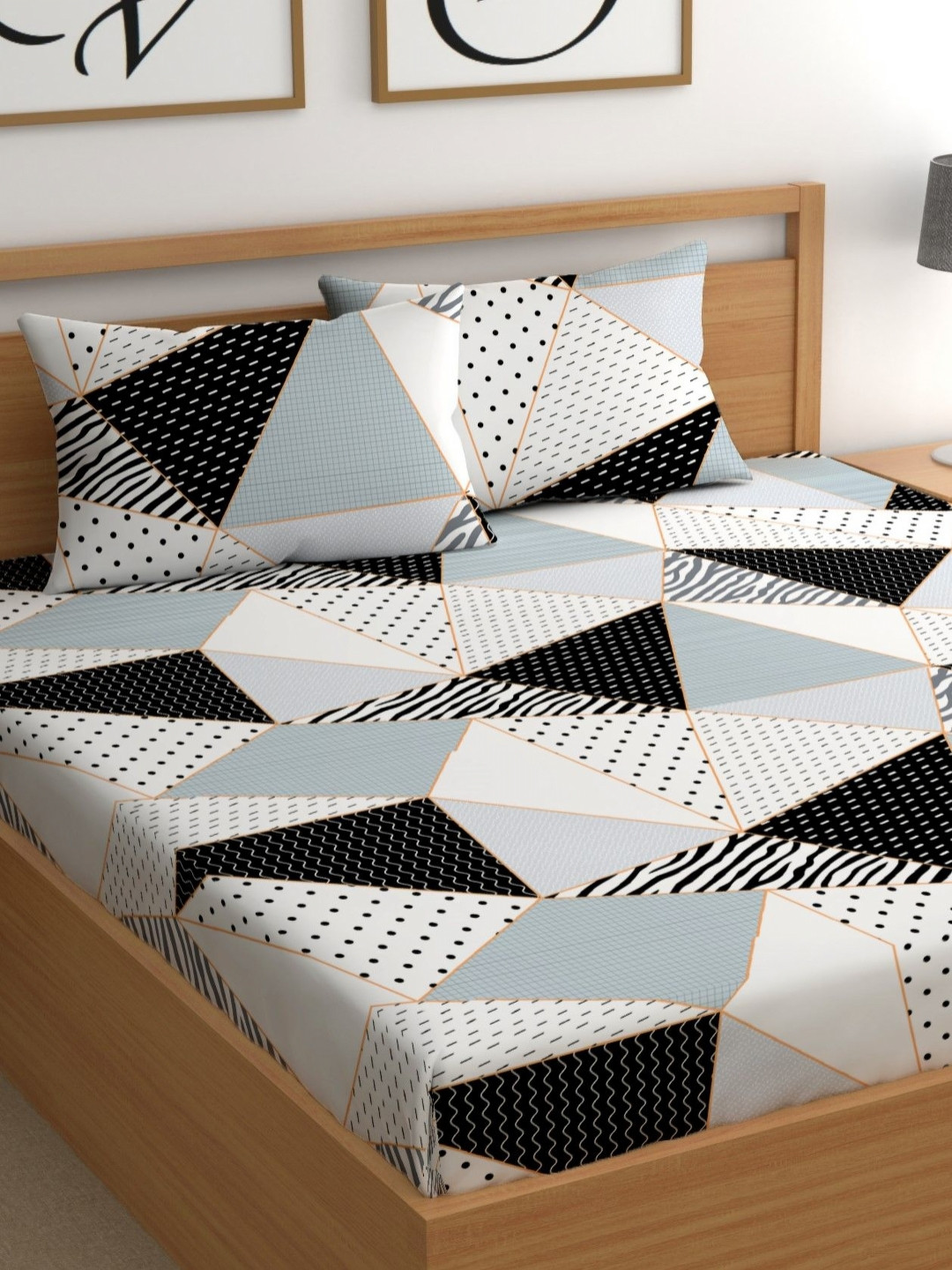 CHHAVI INDIA Black Geometric Printed Microfiber 210 TC Queen Bedsheet Set 2.5 x 2.25m