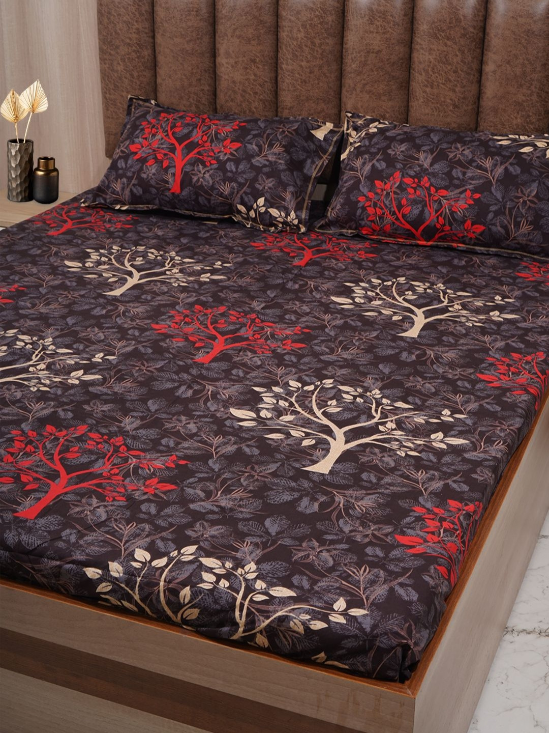 Adwitiya Tree Design Brown Floral Polycotton 210 TC Queen Fine Bedsheet with 2 Pillow Covers-90 x 100 inches