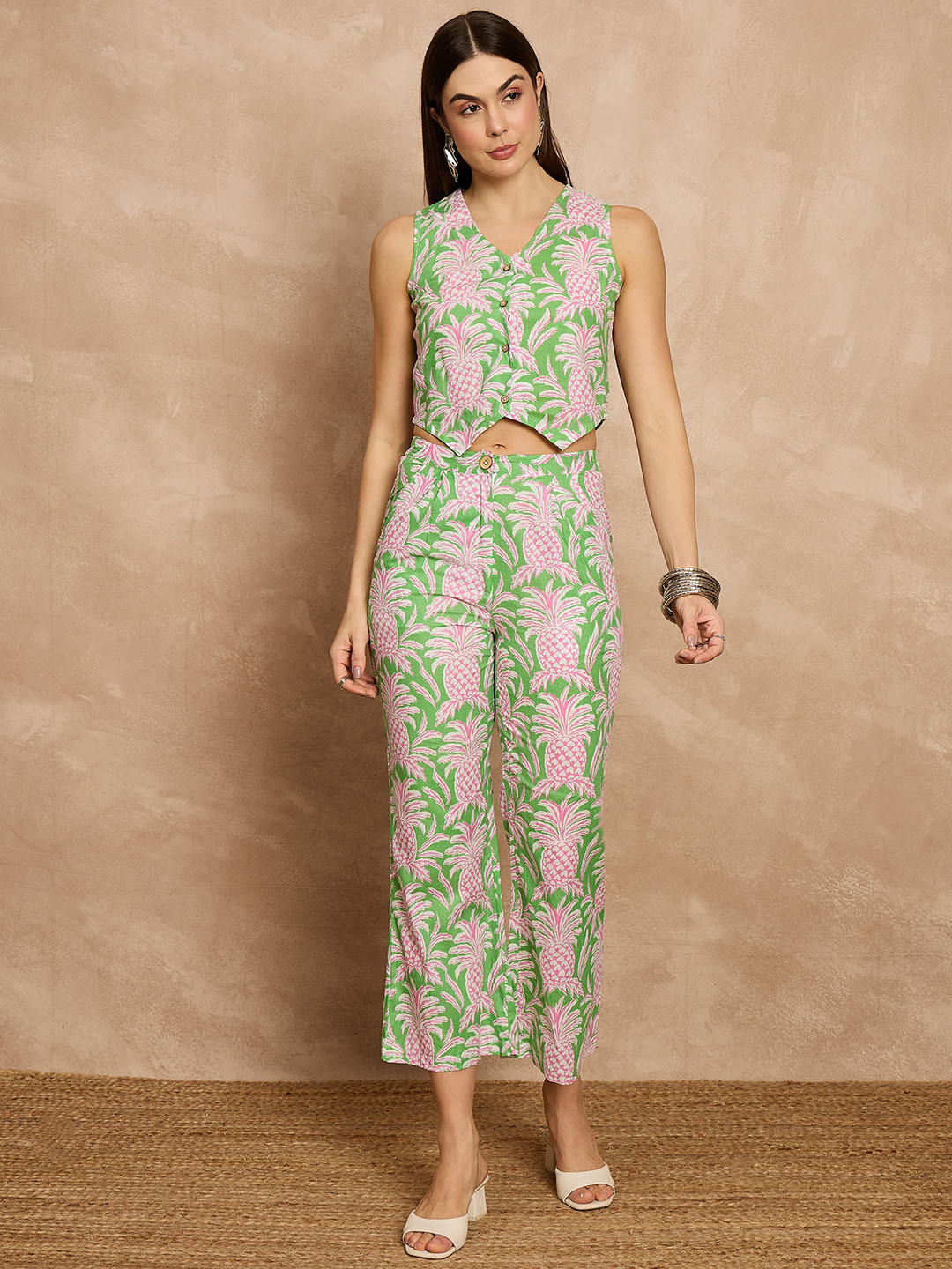 Routes by All About You Printed V-Neck Sleeveless Pure Cotton Waistcoat With Trouser