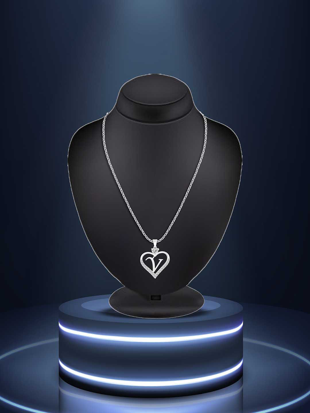 Lila Silver-Plated CZ Studded Alphabet 'V' Heart Shaped Stainless Steel Pendant & Chain