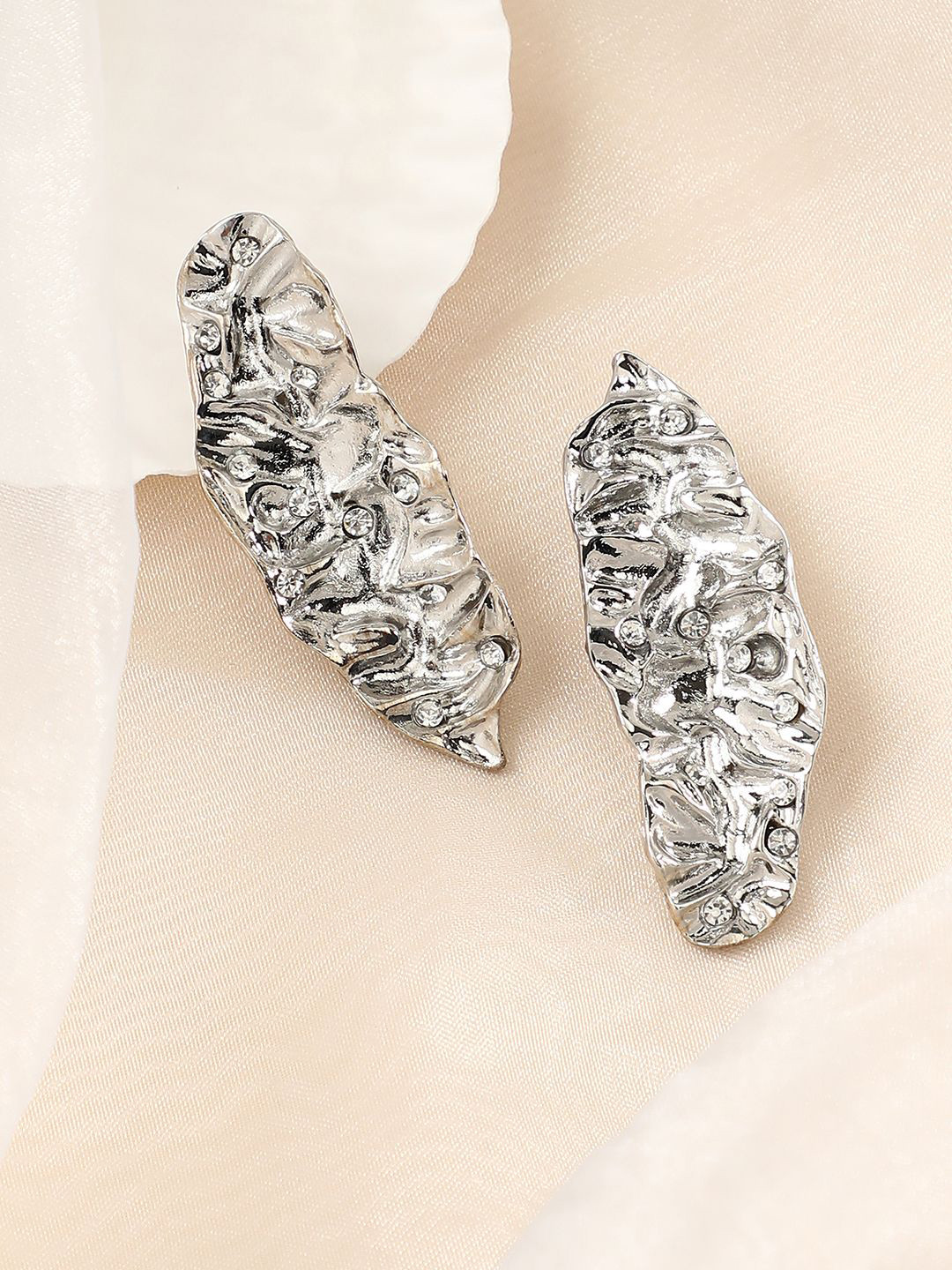 SOHI Silver Plated Stone Studded Contemporary Foglia Drop Earrings