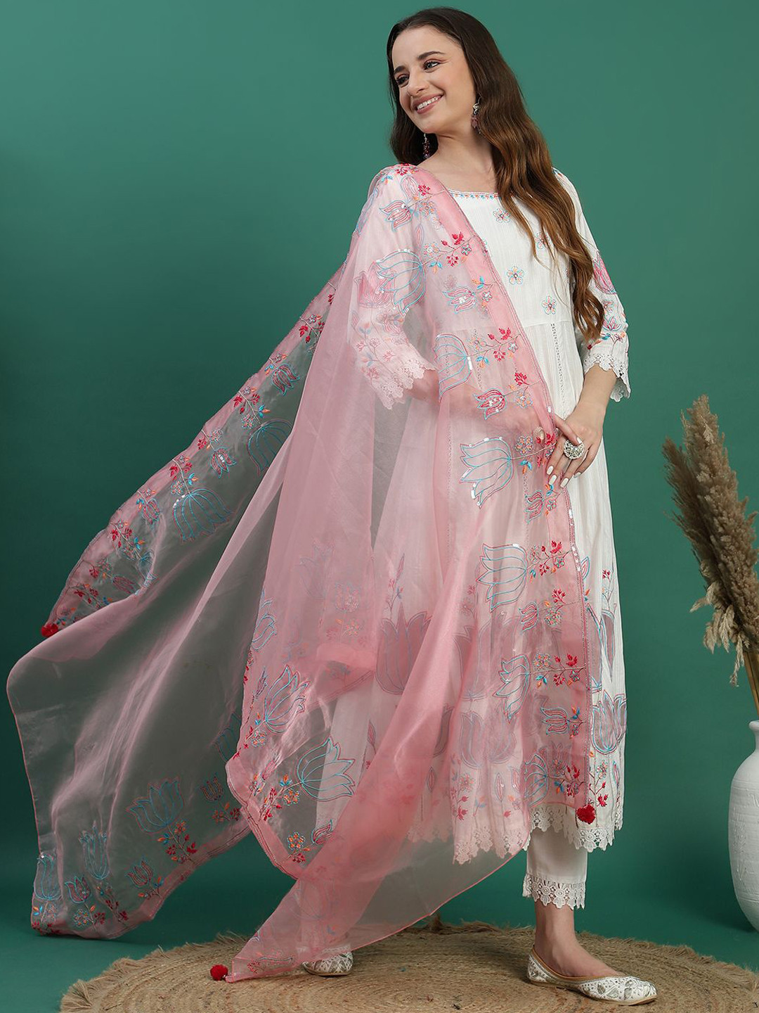 Sangria White Floral Embroidered Sequined Anarkali Cotton Kurta With Trousers & Dupatta