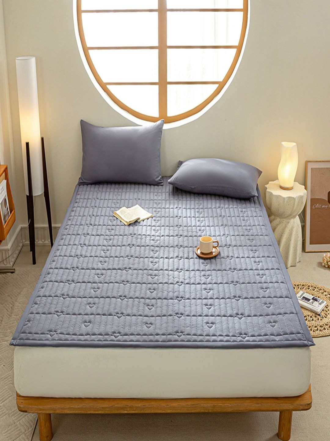 JC HOME Grey Self Design Polycotton 160 TC Fitted King Bedsheet with 2 Pillow Covers-87 x 79 inches