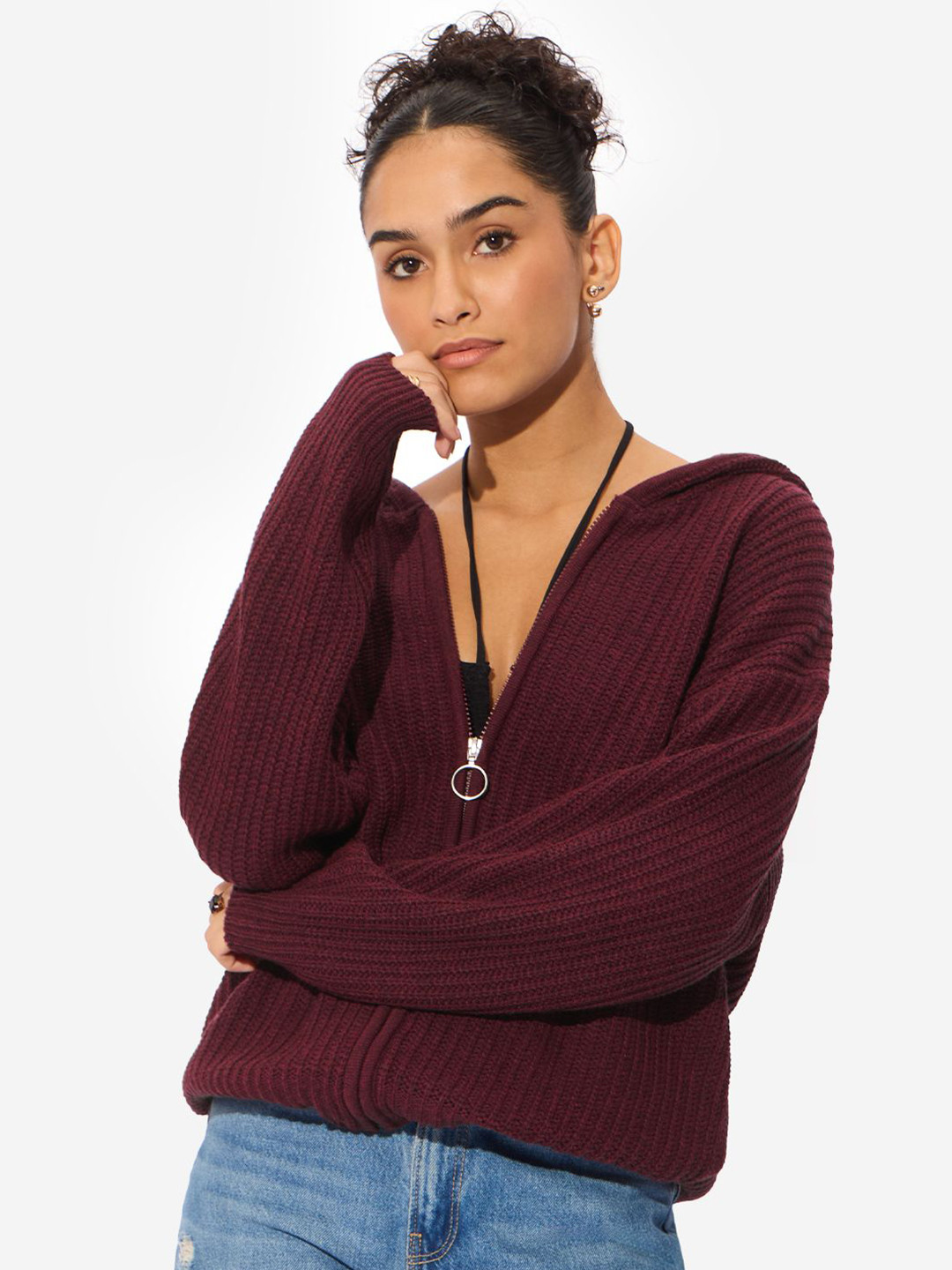 The Souled Store Women Self-Design Zipped Hooded Cardigan