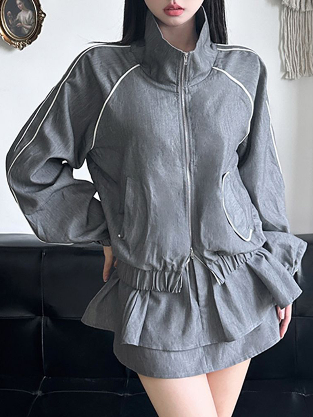 Grey & White Mesh Casual Mock Collar Bomber Jacket