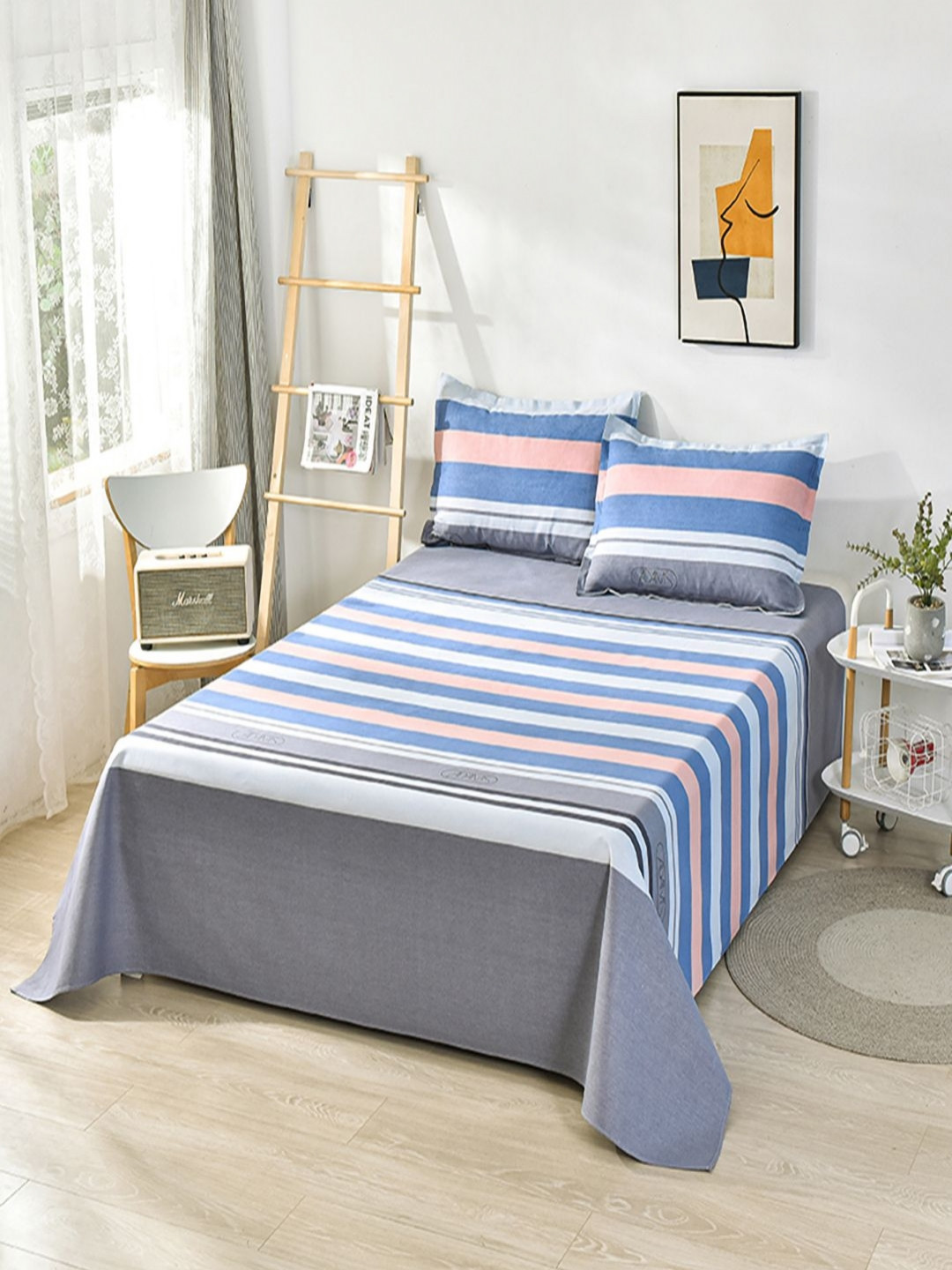 JC HOME Blue Striped Cotton 230 TC Queen Fine Bedsheet with 2 Pillow Covers-180 x 230 cm