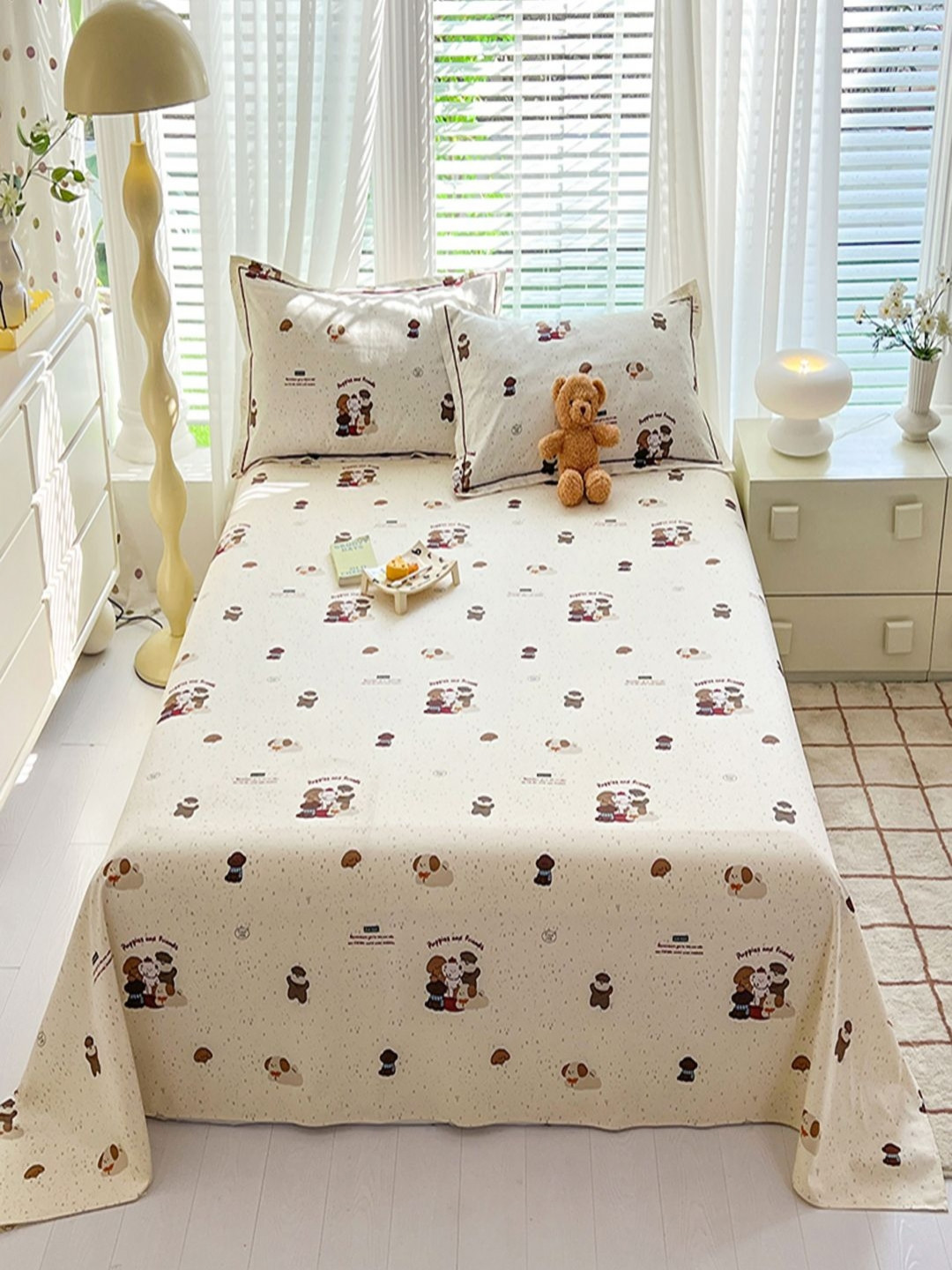 JC HOME Saffron Cream Conversational Cotton 230 TC King Fine Bedsheet with 2 Pillow Covers-98 x 96 inches