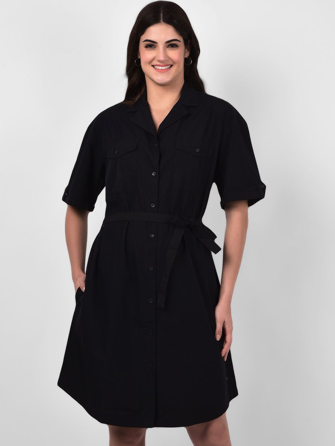 Numero Uno Women Shirt Collar Cotton Shirt Knee Length Dress