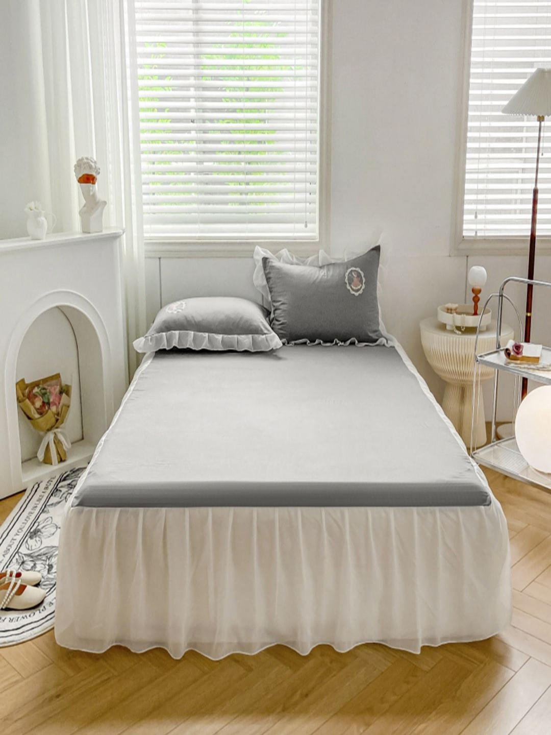 JC HOME Grey & White Solid 3 Piece Double Queen Regular Bedding Set