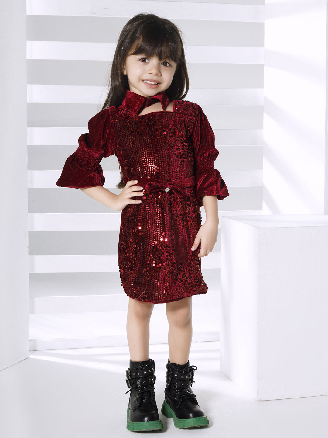 Peppermint Girls Gala Grace Puff Sleeve Velvet A-Line Dress