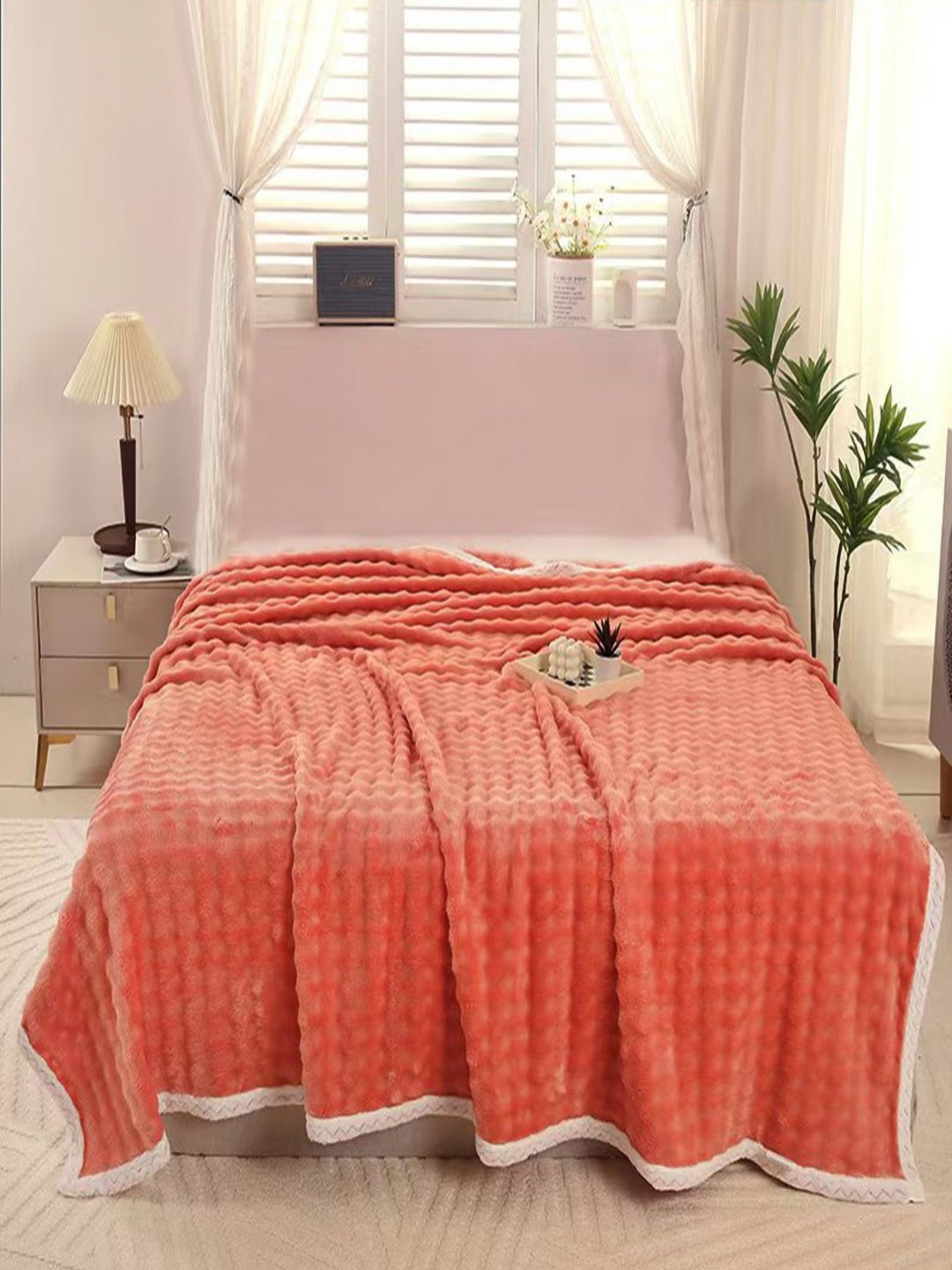 JC HOME Orange Colored & White AC Room 300 GSM Double Bed Blanket
