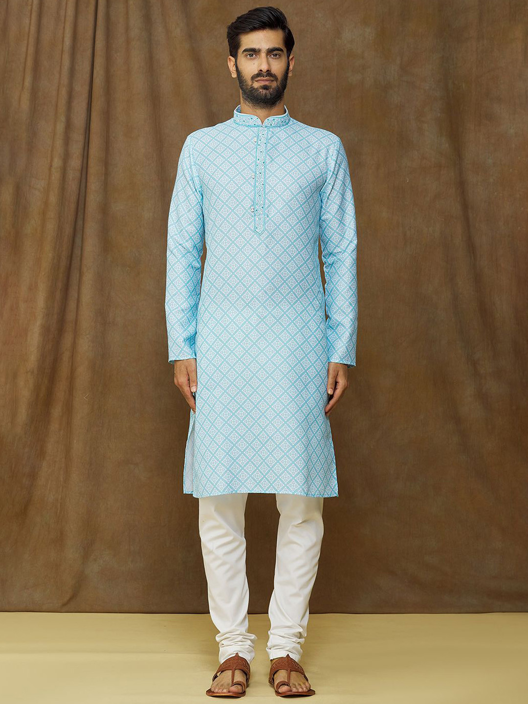 Samyukta Singhania Geometric Printed Mandarin Collar Straight Kurta With Churidar