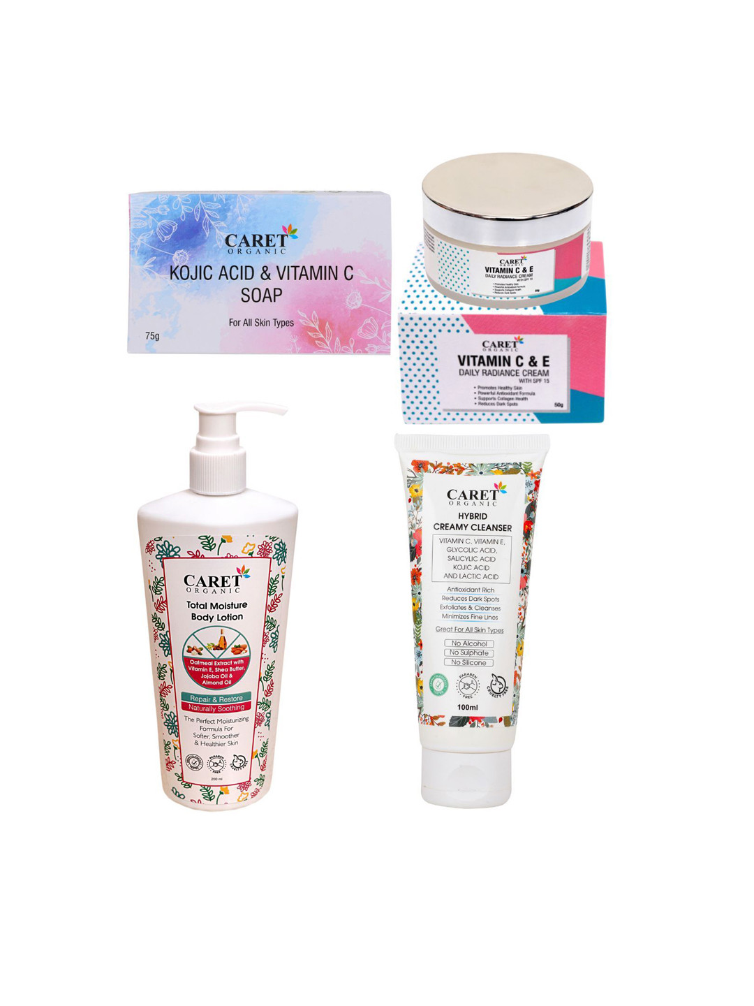 CARET ORGANIC Set Of 4  Soap- 75 g - Body Lotion- 250 ml- Face Wash- 100 ml & Cream- 50 g