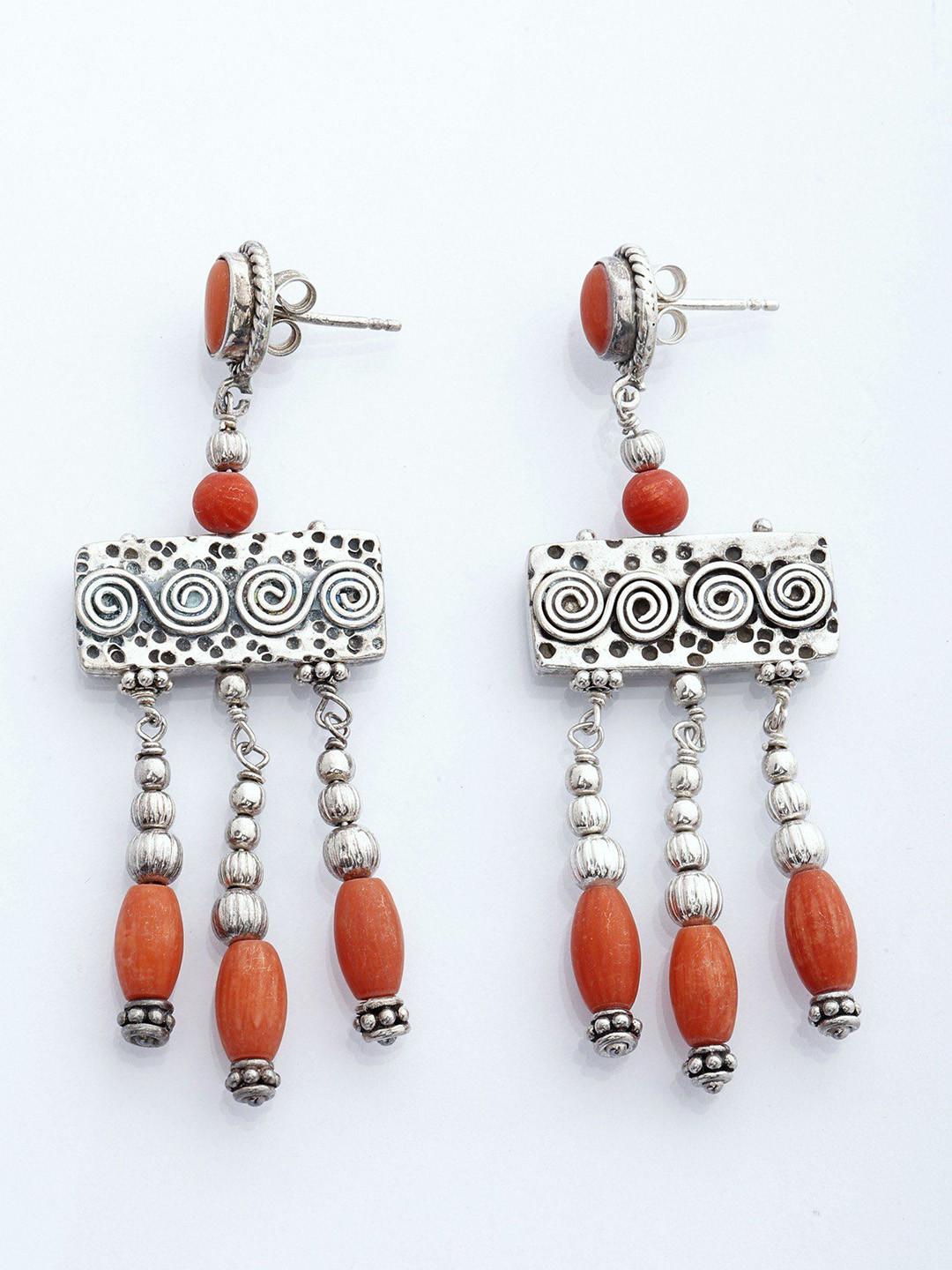 Exotic India Coral Gemstone Dangle Earrings in Sterling Silver